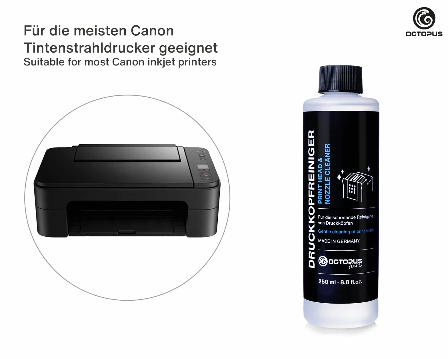 Octopus Środek do czyszczenia dysz, głowica drukująca, kompatybilny z głowicami drukującymi Canon Pixma z adapterami węża (250 ml)