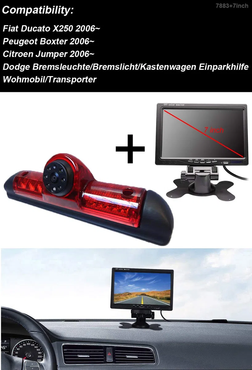 Transportster kamery cofania + 7-calowy ekran TFT LCD monitor samochodowy w 3. Lampa hamulca Bremslicht pasuje do Ducato X250 / Peugeot Boxter/Citroen Jumper