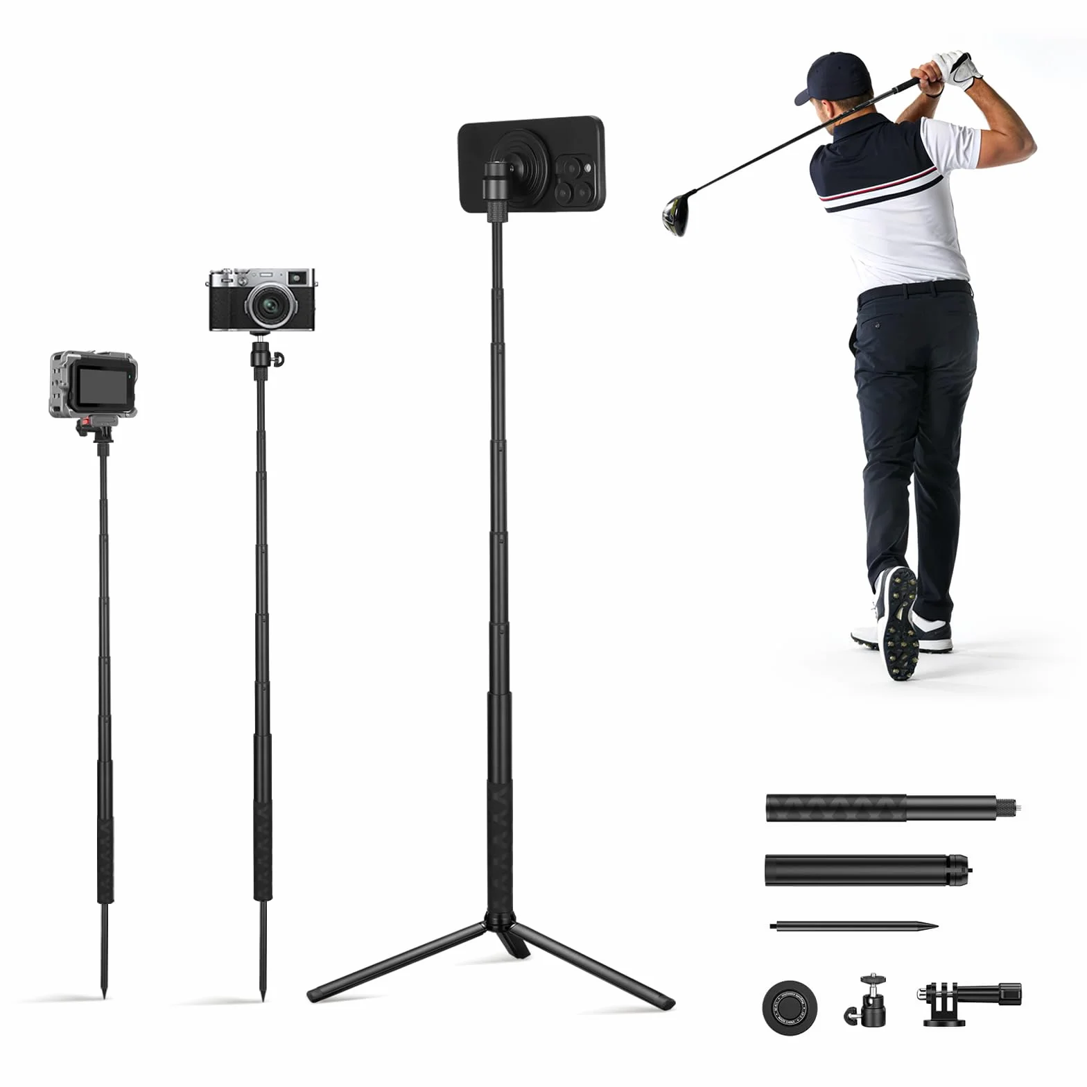 CAMOLOGEEK Monopod i statyw, kij do selfie do nagrywania, huśtawka golfowa, pomoc treningowa z kolcem do ziemi i adapterem do Gopro i śrubą 1/4 cala, magnetyczny uchwyt na telefon golfowy
