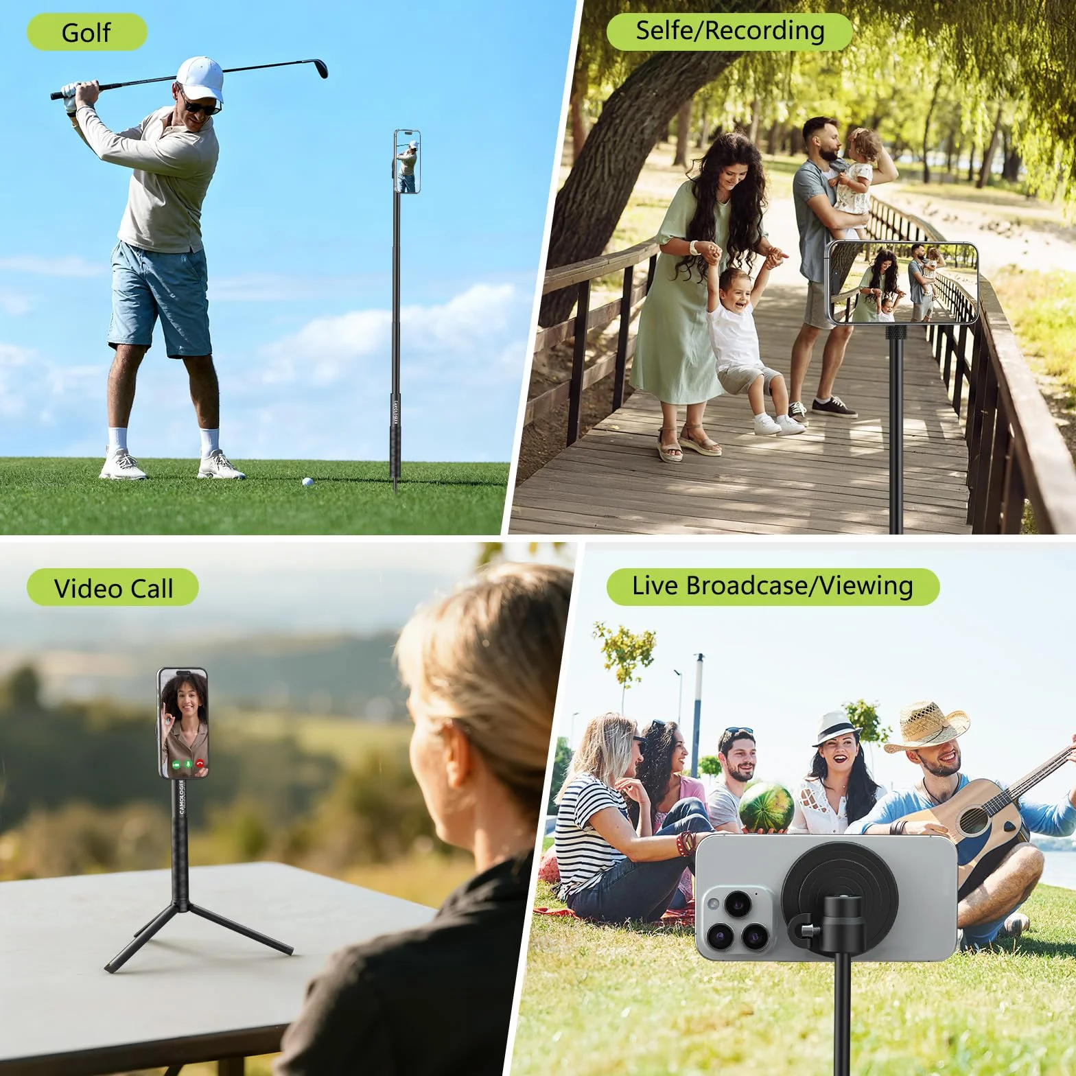 CAMOLOGEEK Monopod i statyw, kij do selfie do nagrywania, huśtawka golfowa, pomoc treningowa z kolcem do ziemi i adapterem do Gopro i śrubą 1/4 cala, magnetyczny uchwyt na telefon golfowy