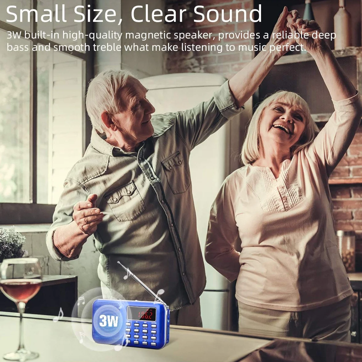 PRUNUS J-908 Przenośne radio AM FM na baterie z latarką awaryjną, mini ładowalne radio USB/TF MP3 niebieski