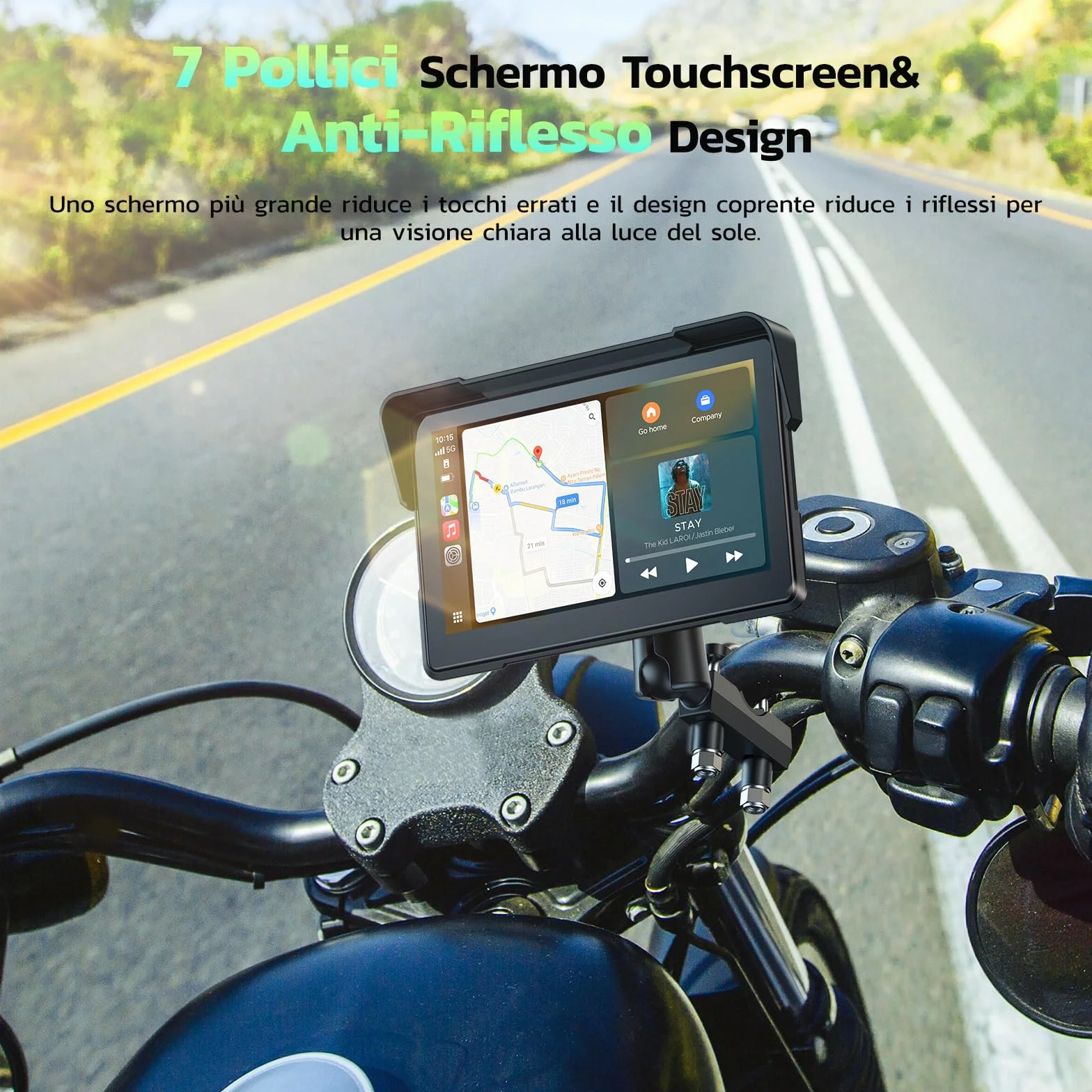 LAMTTO 7" Ekran motocyklowy CarPlay i Android Auto, IP67 całkowicie wodoszczelny, nawigacja GPS dla motocykla, Bluetooth Siri/G00gle Assistant