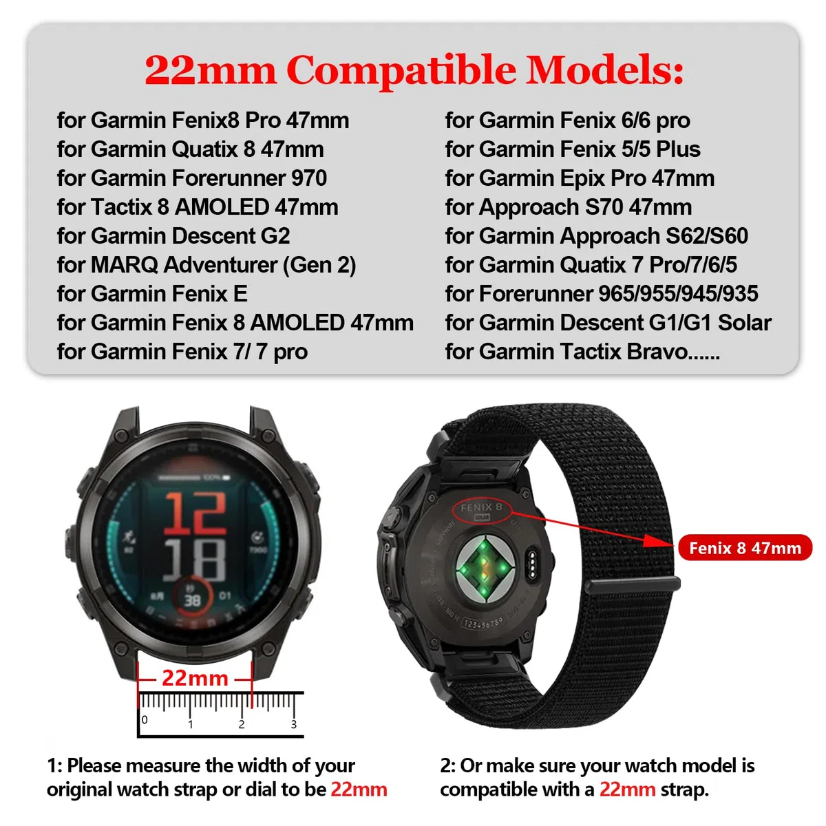 nylonowe paski 22 mm kompatybilne z Garmin Fenix 8 AMOLED, Quatix 8, Tactix 8, Approach S70 47 mm, sportowy pasek Quickfit do Fenix 7 pro/7/6 Pro/6/5 Plus/Forerunner 970/965/Descent G2