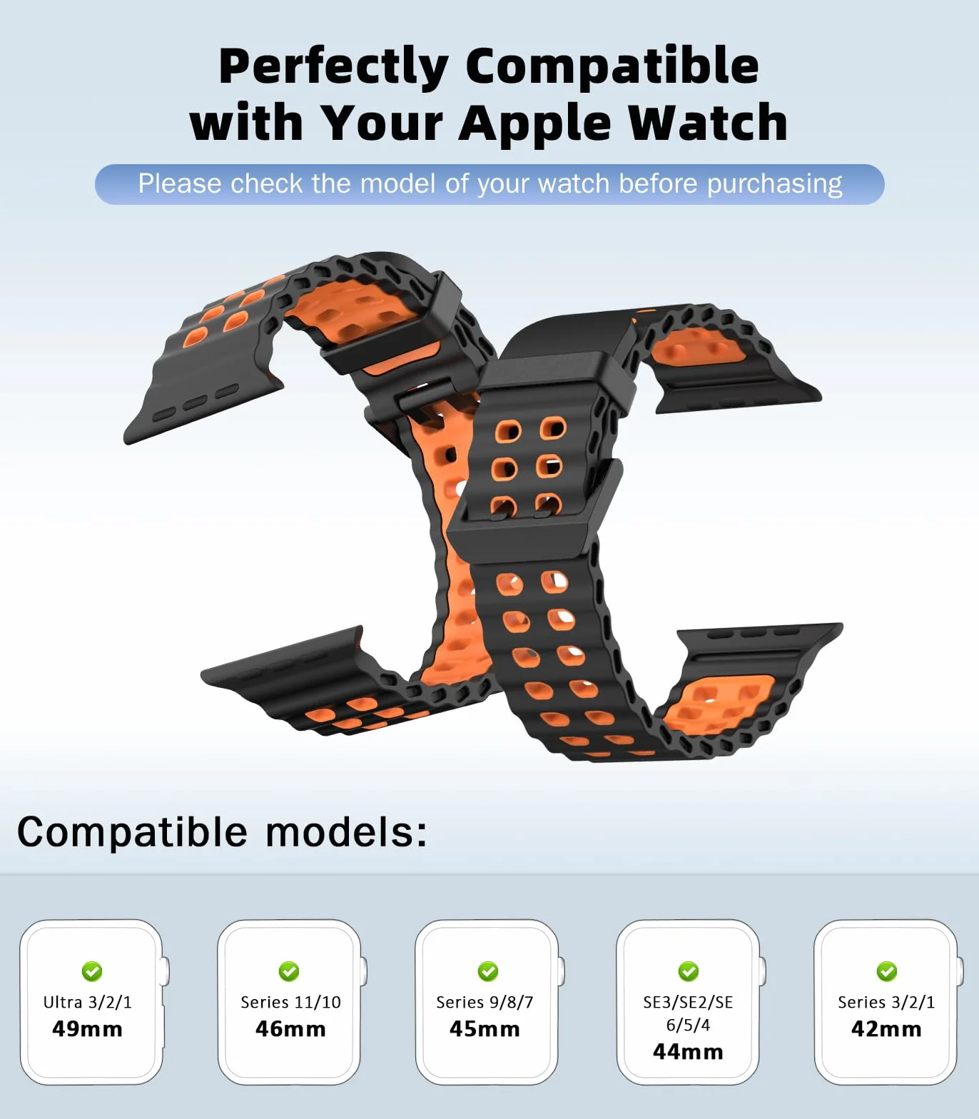 Breathable Ocean Strap Compatible with Apple Watch Ultra 2/Ultra 49mm,Series 10 46mm,9/8/7 45mm,SE2/SE/6/5/4 44mm,3/2/1 42mm, Silicone Watch Band Sport Strap for Men Women, Black/Orange