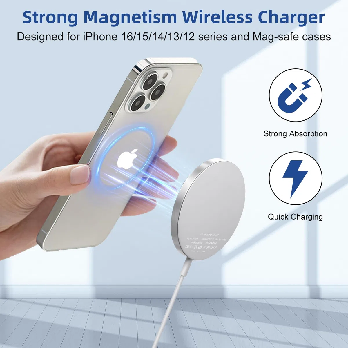 Ładowarka Bezprzewodowa do iPhone'a 1M, ładowarka Mag-Safe 15W do iPhone 17/16/16E/16 Pro Max/15/15 Pro/15 Plus/14/14 Plus/13/12/11/Pods, Magnetyczna Bezprzewodowa Podkładka ładująca do iPhone'a | Ładowarka indukcyjna do telefonów komórkowych bezprzewodow