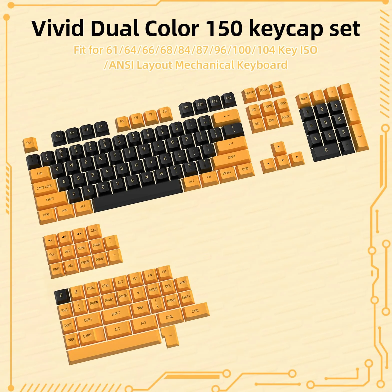 Pełny zestaw klawiszy PBT OEM z podwójnym strzałem do klawiatur mechanicznych ANSI. Obsługuje Cherry/Gateron/Kailh/Akko i inne przełączniki MX. Tylko nasadki klawiszy-czarno-żółte (150 klawiszy)