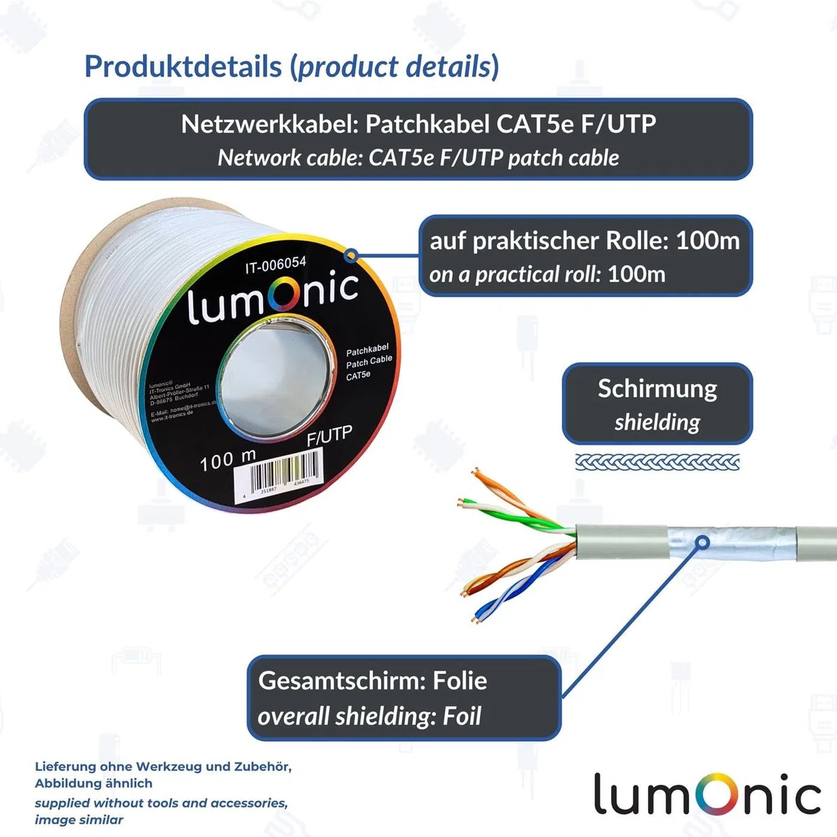 Lumonic 100m Kabel sieciowy CAT 5e F/UTP I CAT5e-kabel, Gigabit Lan Kabel, Ethernet Kabel I Ekranowany elastyczny kabel krosowy, do uzytku wewnatrz pomieszczen do 100 MHz
