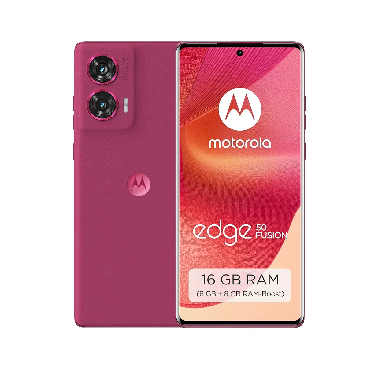 Motorola Moto Edge50 Fusion smartfon (6,7''-FHD+-pOLED-wyświetlacz, aparat 50 MP, 8/256 GB, 5000 mAh, w zestawie 68W ładowarka, Android 14) Hot Pink, w zestawie osłona ochronna+uchwyt na telefon