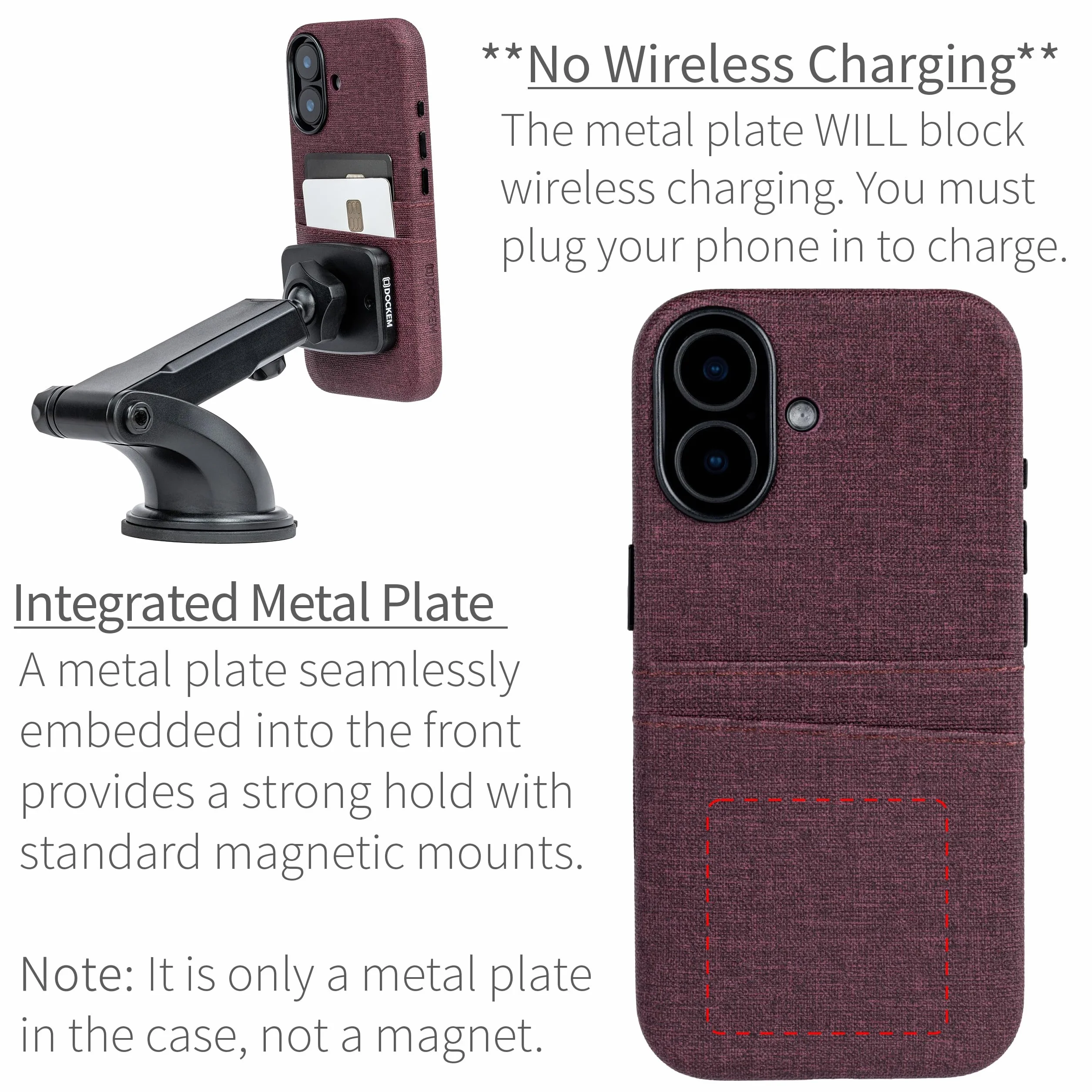 Dockem Etui na Karty do iPhone 17 z Magnetyczną Płytką Montażową, Przycisk Sterowania Aparatem, Portfel z 2 Kieszeniami: M2 Luxe Sztuczna Skóra Styl Płótna (Burgundia)