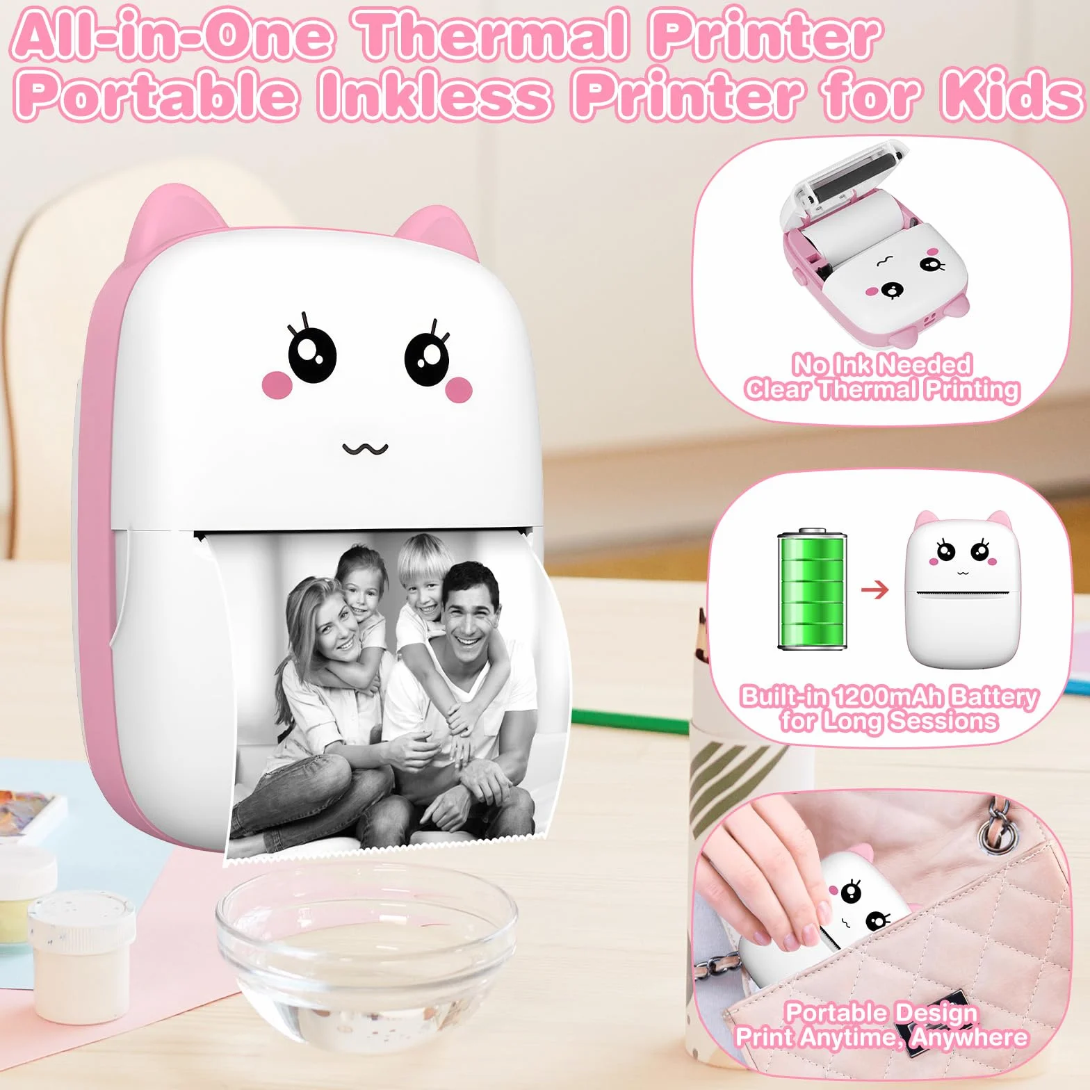 Mini Drukarka - Bluetooth Termiczna Drukarka do Smartfona, Zdjęć, Naklejek i Etykiet, Bez Tuszu, Szybki Druk Notatek, Stron Internetowych, Zdjęć i Stickerów （Różowy）