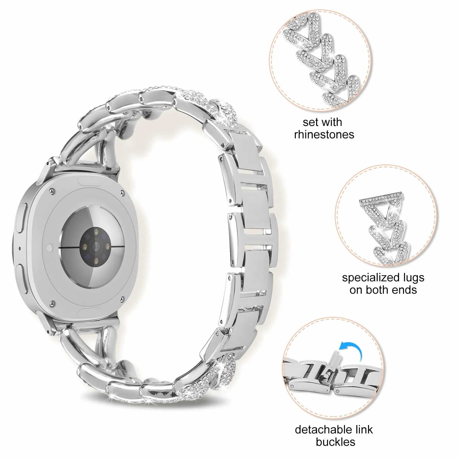 Metalowy pasek do zegarka Samsung Galaxy Watch 8 40 mm 44 mm, stal nierdzewna, zapasowy pasek damski z brylantami kryształkami strasu, do Samsung Galaxy Watch 8 Classic 46 mm, srebrny