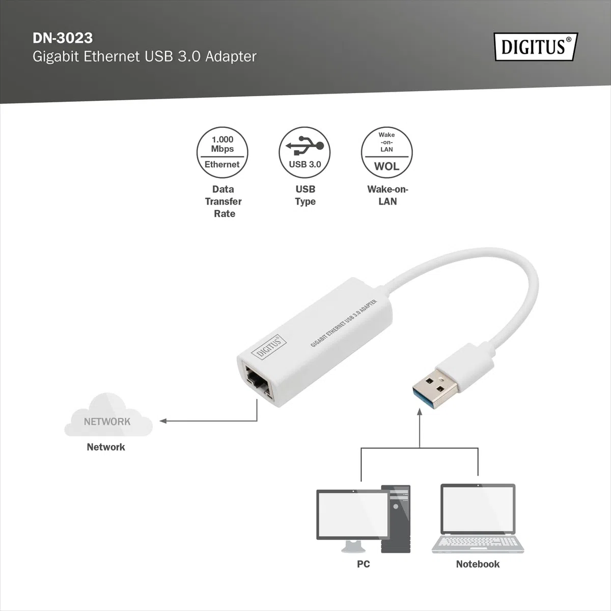 DIGITUS adapter sieciowy przez USB 3.0 – Gigabit Ethernet 1 GBit/s RJ45 – dodatkowe połączenie LAN za pomocą wtyczki USB-A