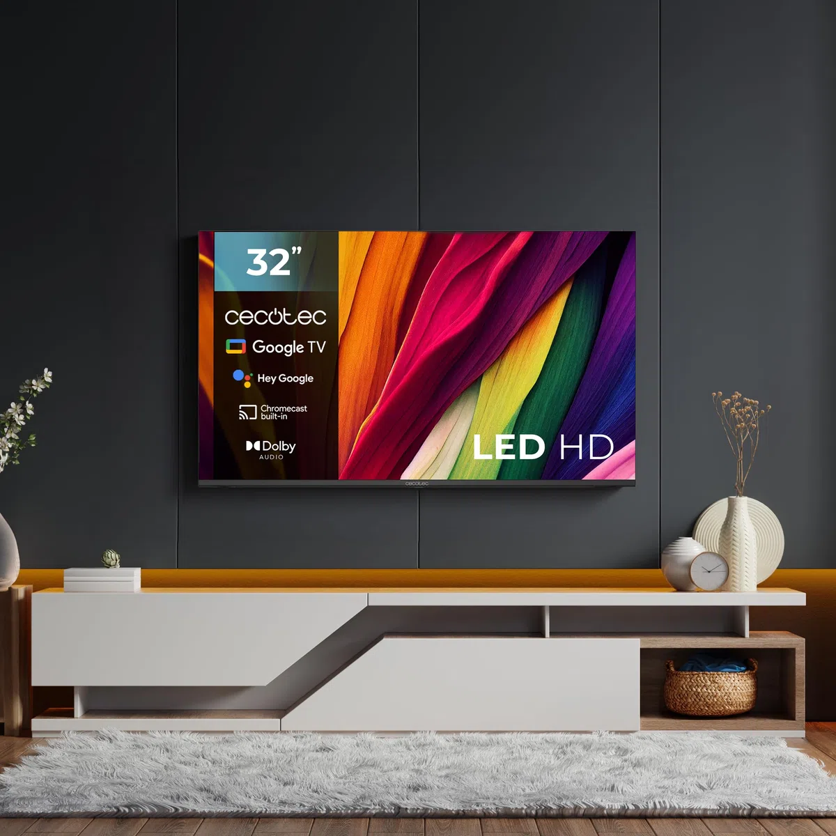 Cecotec Smart TV - 32-calowy telewizor LED o rozdzielczości HD - seria A4 ALH40032S. System operacyjny Google TV, Dolby Audio, HDR10, 16 GB ROM, Bluetooth, Google Voice Assistant i Chromecast