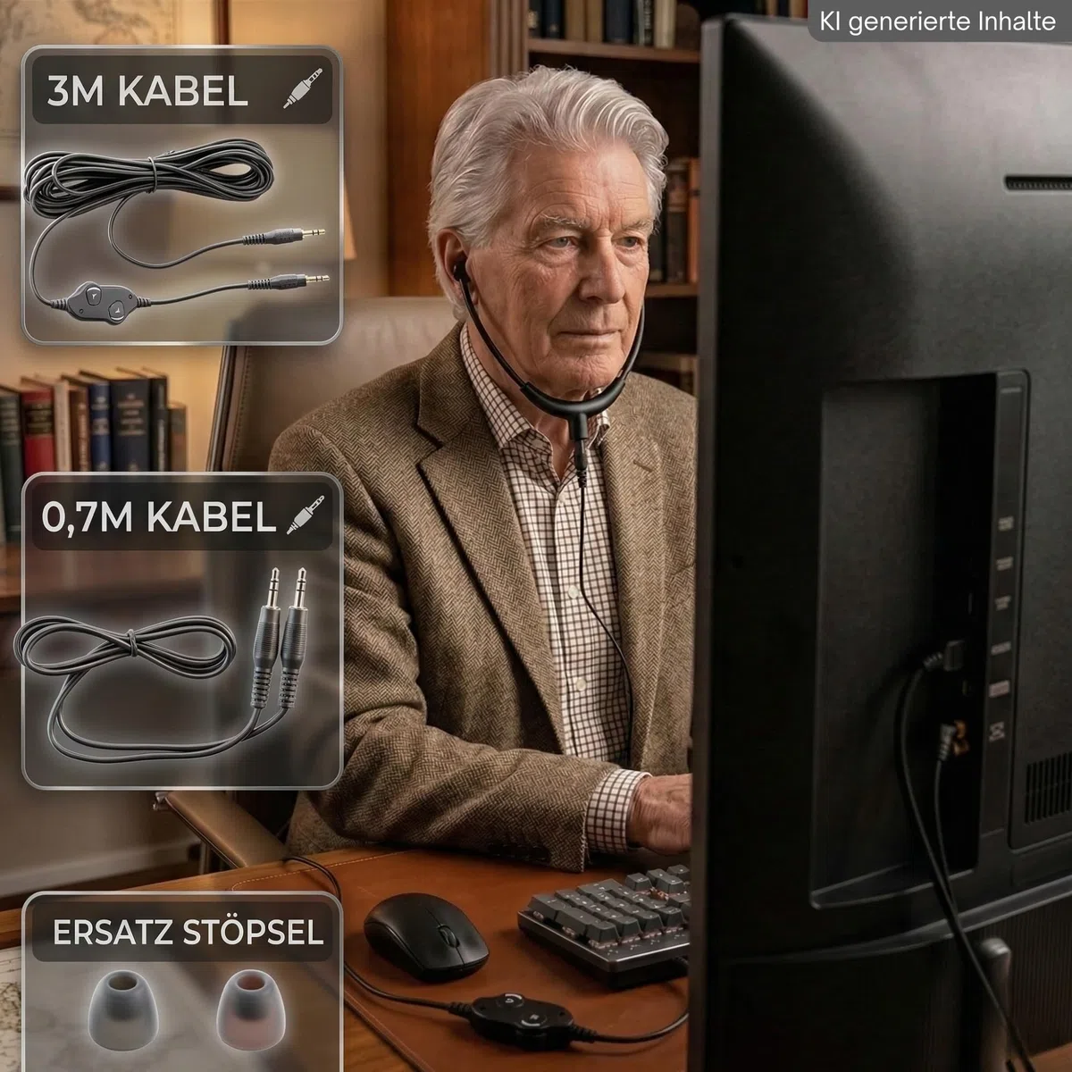 TronicXL Słuchawki z pałąkiem na podbródek do TV PC i seniorów HiFi 117dB głośne słuchawki telewizyjne z kablem 3 m długości 3,5 mm wtyczka jack