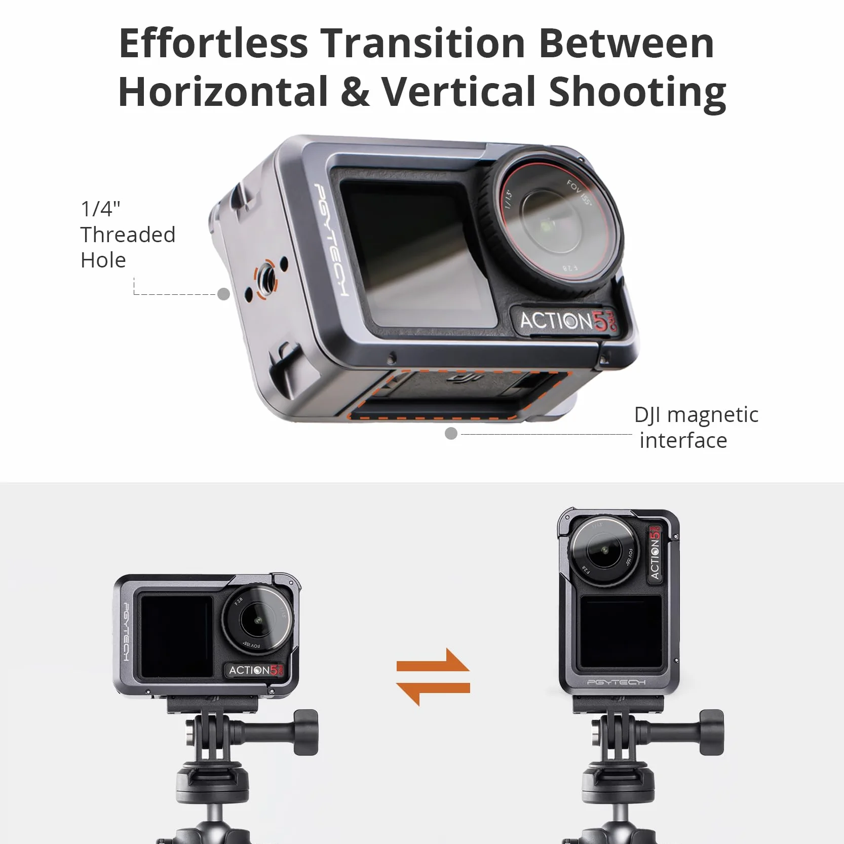 PGYTECH Klatka na kamerę do DJI OSMO Action 5 Pro obudowa ze stopu aluminium, ramka ochronna z magnetycznym złączem szybkiego zwalniania, otwór gwintowany 1/10.2 cm, zimna stopka do światła/akcesoriów