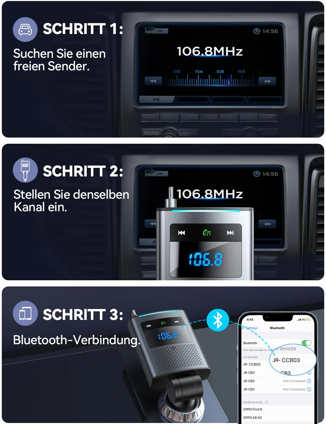 JOYROOM 90W Bluetooth 5.4 Adapter do samochodu,【100 cm wciągany kabel】 24V/12V USB C & nadajnik FM, 24V/12V adapter USB do samochodu z zestawem głośnomówiącym, akcesoria samochodowe dla iPhone 17