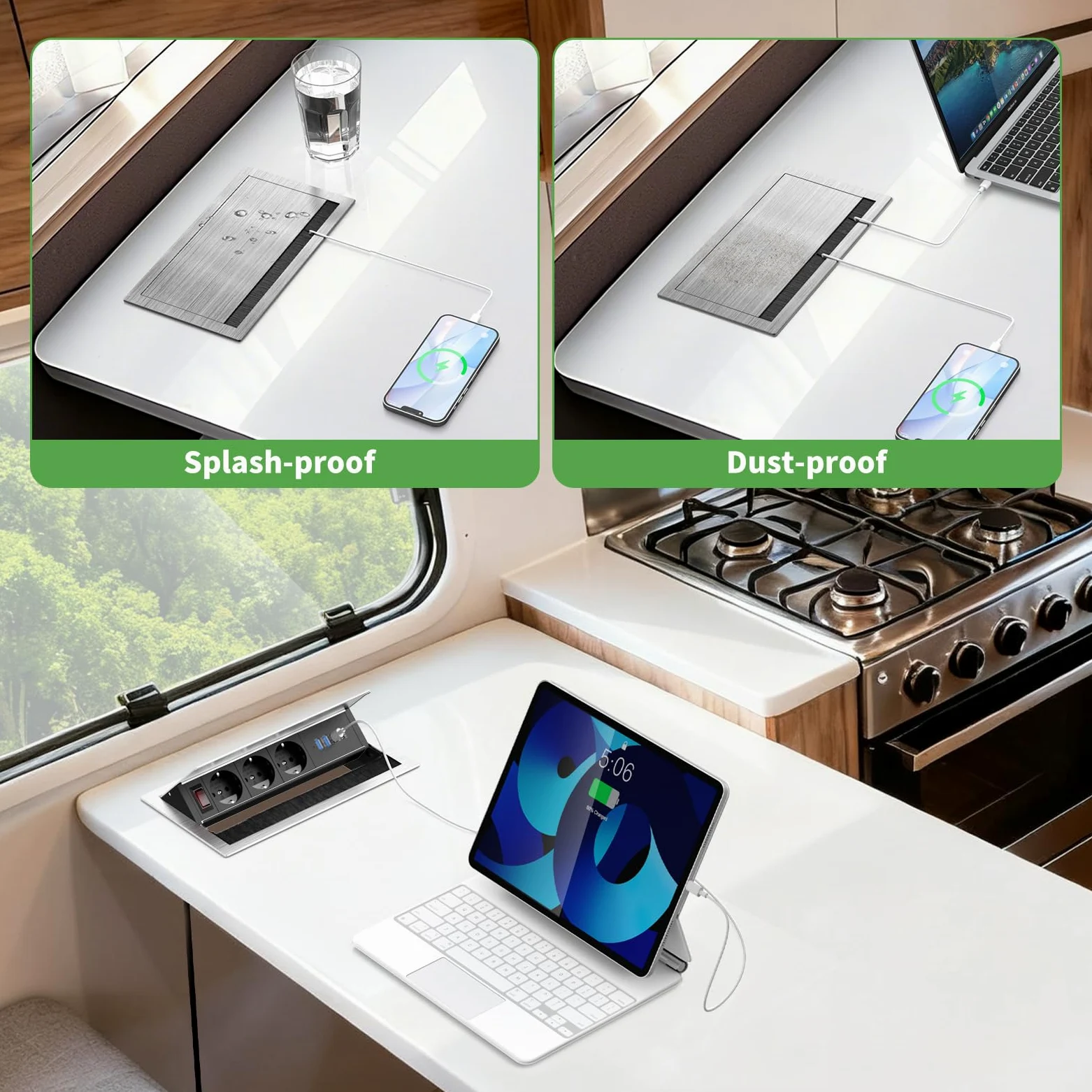 Aluminiowe gniazdko wtykowe z 2 USB-C PD 30 W i 2 USB-A, gniazdko do zabudowy, 3 gniazda z USB i przełącznikiem, wpuszczane gniazdko z USB, do sali konferencyjnej, domu, biura, kabel 1,8 m, 2400 W/10