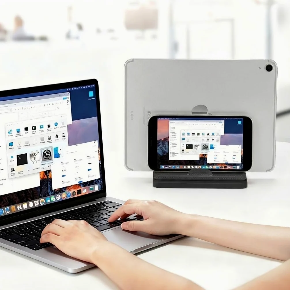 Podwójny pionowy stojak na laptopa, 3 w 1, pionowy stojak na biurko z regulowaną stacją dokującą (do 17,3 cala), skórzany organizer na biurko do przechowywania, na telefon, tablet, MacBook/HP/Dell