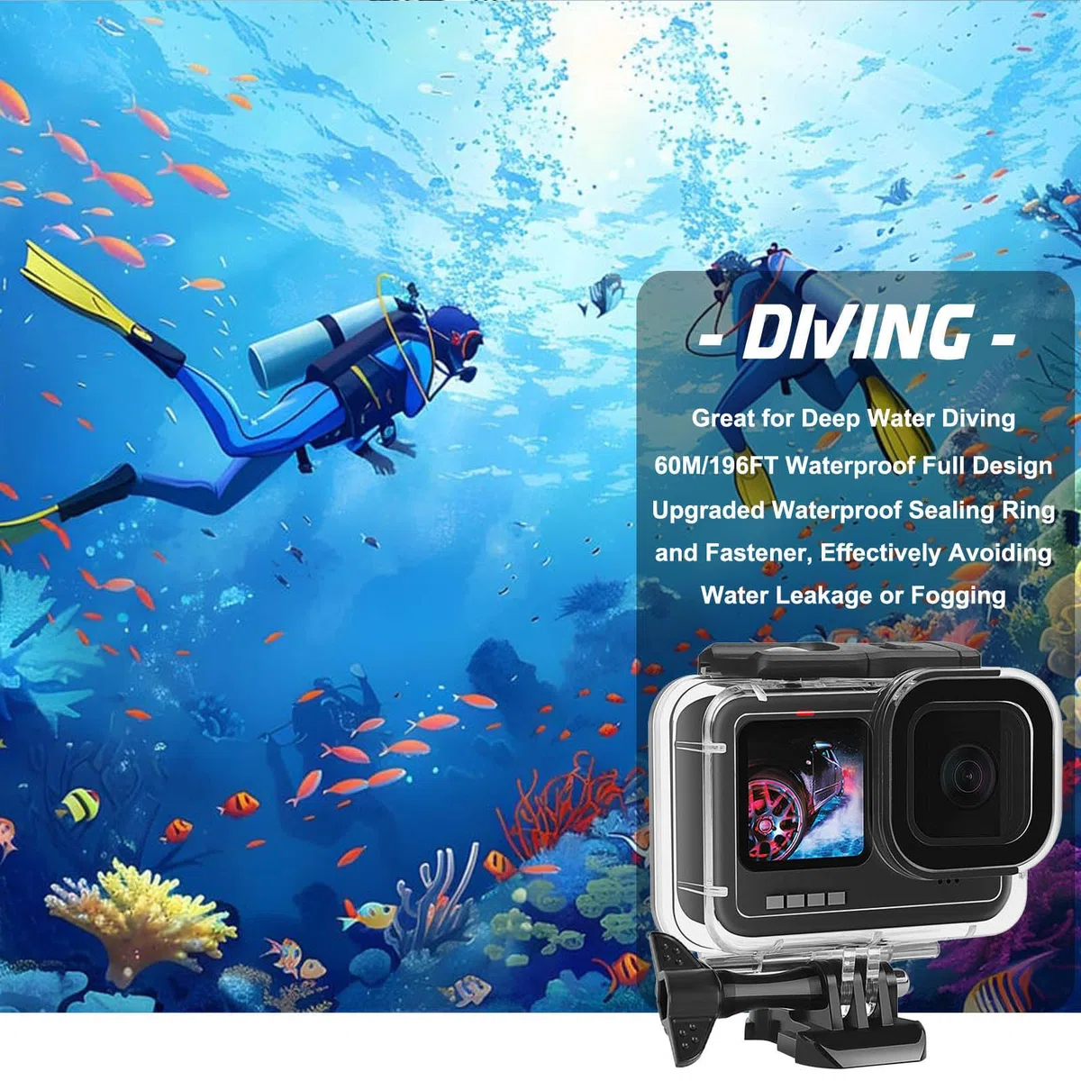 BO&DQQ Wodoodporna obudowa 60 m kompatybilna z Go Pro Hero12 czarny/Hero11 czarny/Hero10 czarny/Hero9 czarny, ochronna obudowa do nurkowania podwodnego z uchwytem aparatu, zestaw akcesoriów do montażu