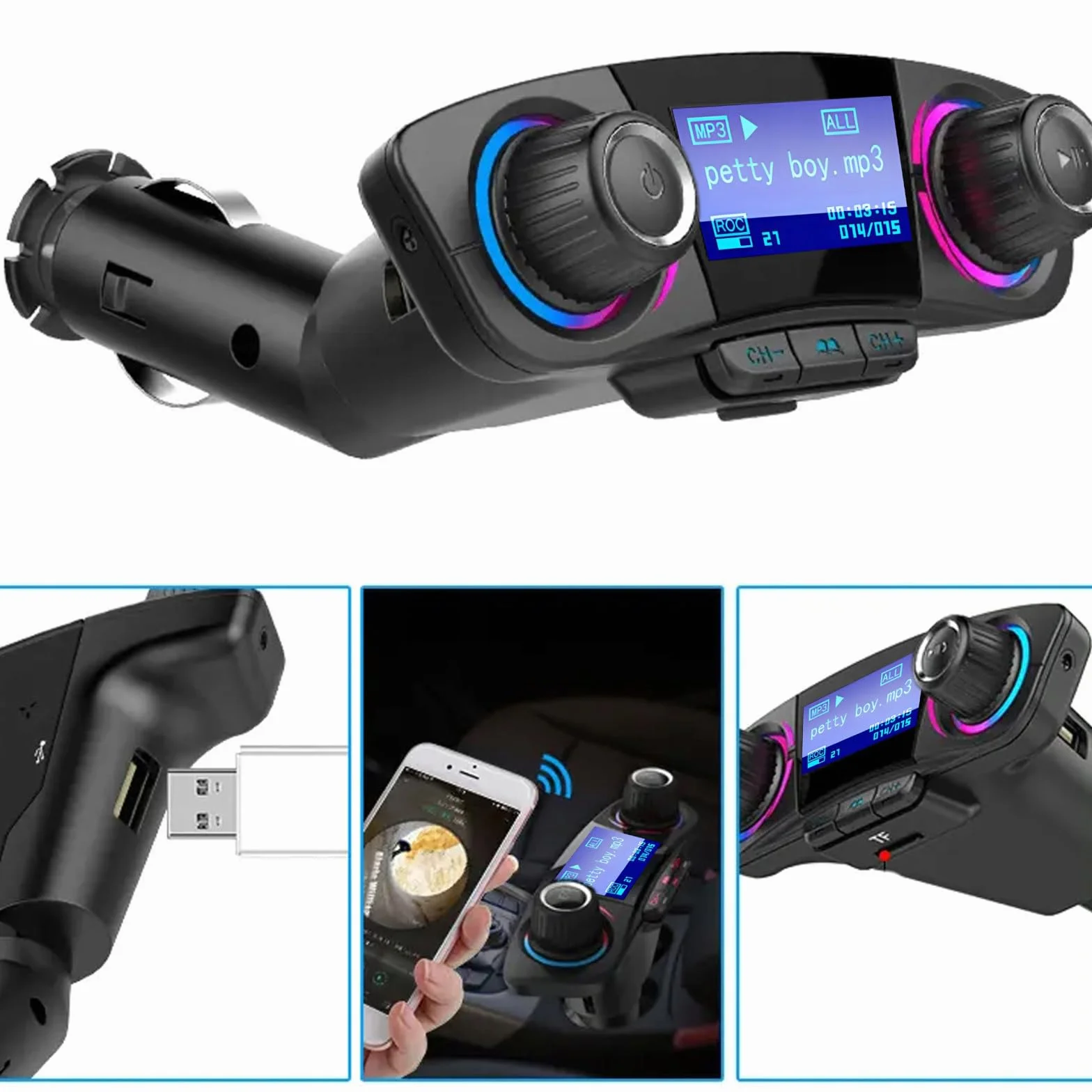 Zasilacz samochodowy Bluetooth FM nadajnik zestaw głośnomówiący ładowarka 2 porty USB QC3.1A