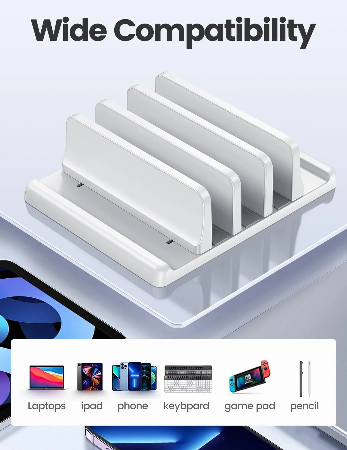 Vaydeer Stojak na laptopa z 3 przegródkami na laptopa wykonany z wysokiej jakości tworzywa sztucznego ABS, konstrukcja 5 w 1, regulowany organizer na biurko dla wszystkich