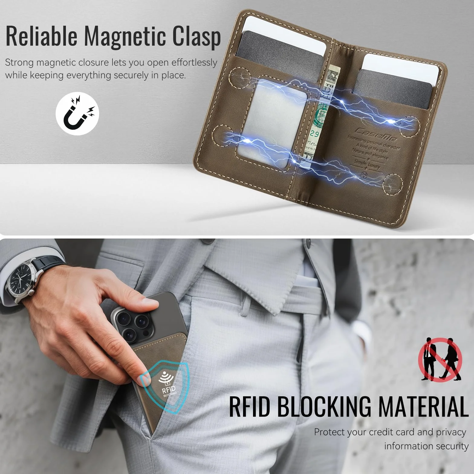 KZB Portfel Magnetyczny Kompatybilny z MagSafe dla iPhone 16/15/14/13/12/ Pro/Max/Plus, blokada RFID, smukłe etui na 4 karty ze skóry PU, nie dla 13/12 Mini, Brązowy