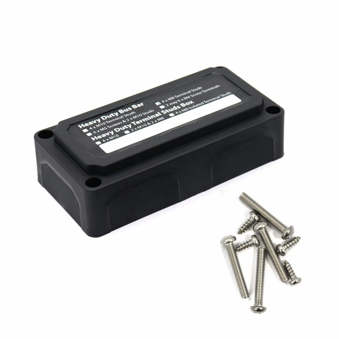 Black 300 A Bus Bar Box Heavy-Duty, moduł, blok rozdzielczy zasilania z 4 x zaciskiem śrubowym M8, blok przyłączeniowy akumulatora 12 V - 48 V DC, do samochodów morskich, solarnych