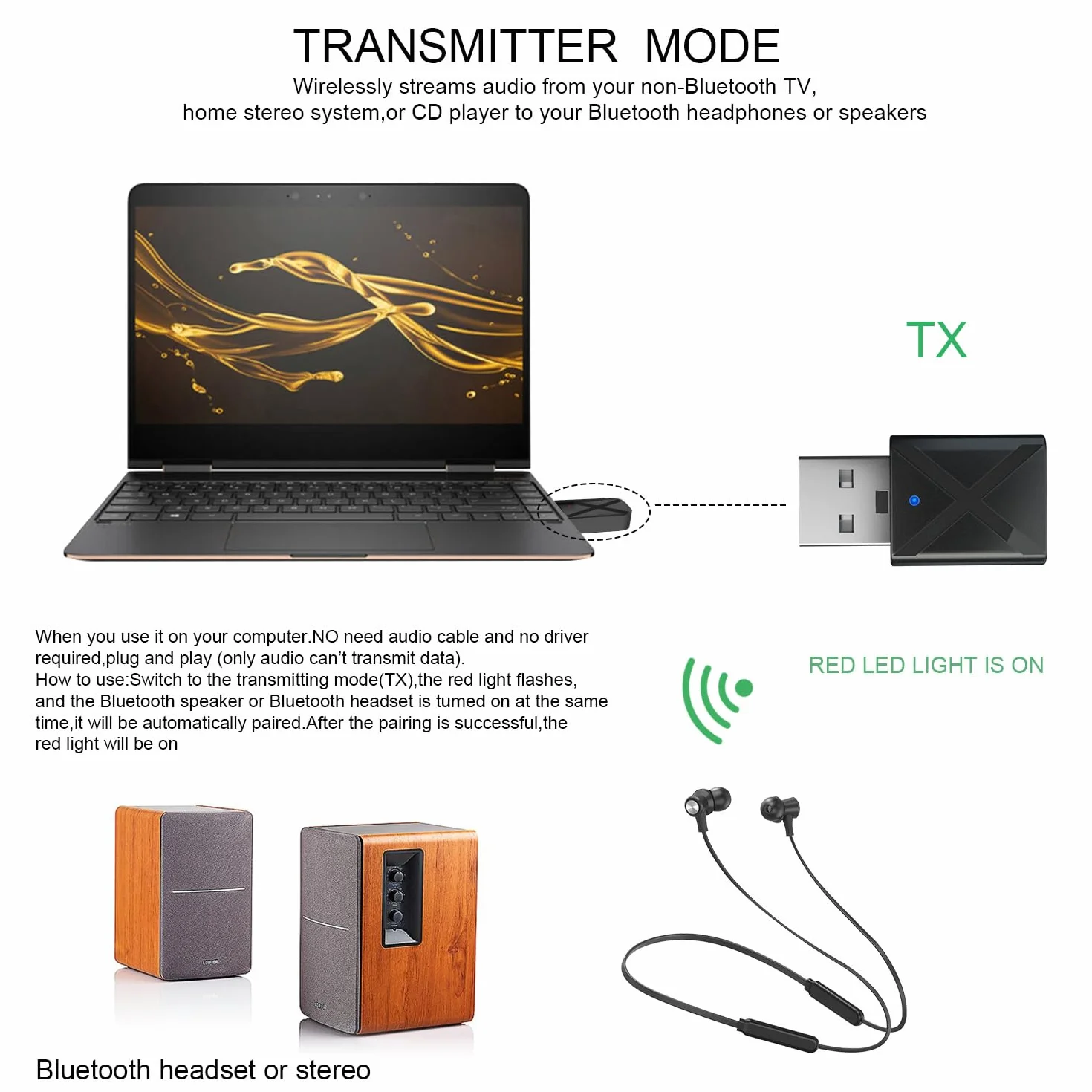 USB Odbiornik Bluetooth Nadajnik do telewizora Adapter BT5.0 z 3,5 mm AUX do PC/słuchawek/głośników/radia samochodowego/stereo