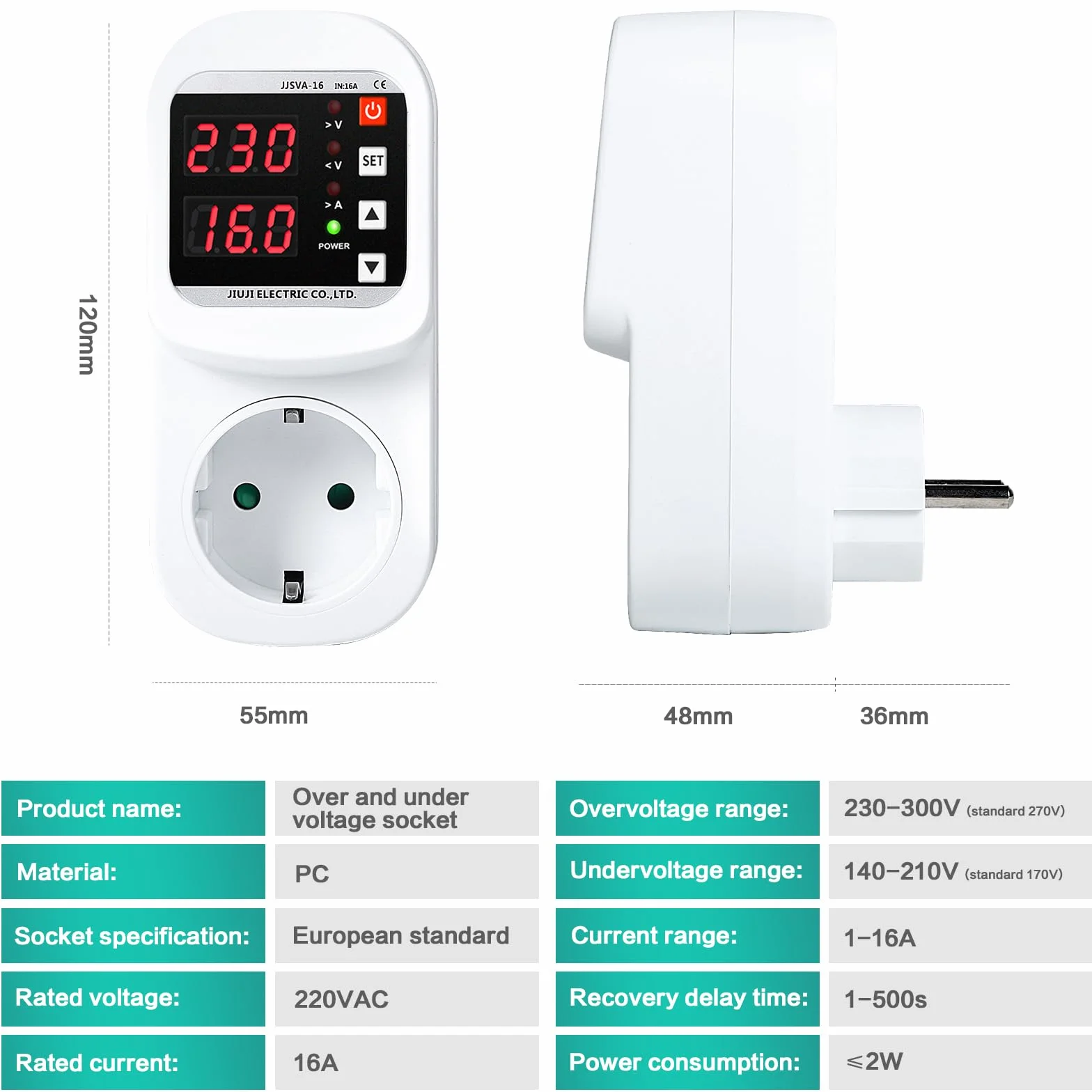 Jadeshay Gniazdko przeciwprzepięciowe 16 A AC 220 V regulowane automatyczne zabezpieczenie przed prądem elektrycznym z ochroną przed odgromową