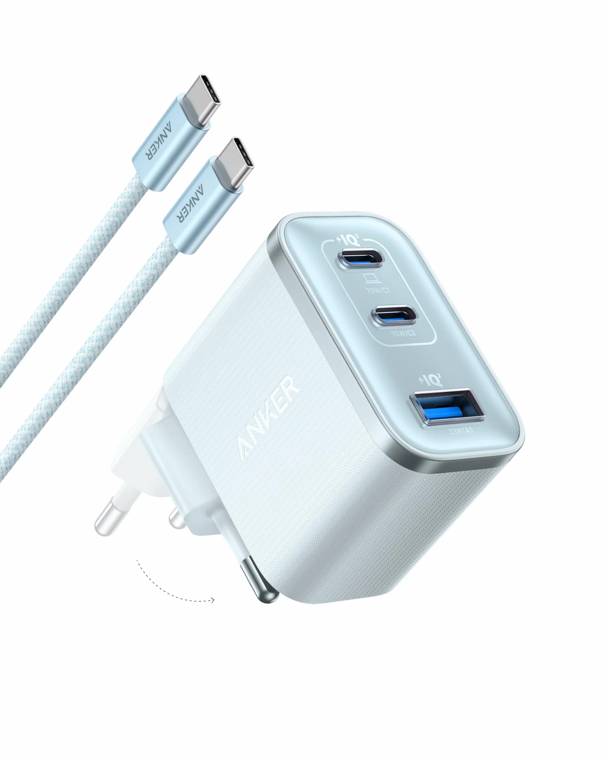 Ładowarka Anker Nano USB C, ultraszybka ładowarka 3-portowa typu C o mocy wyjściowej 70 W, szybkie ładowanie, kompaktowa i stylowa, do iPhone'a 17/16, MacBooka, iPada (niebieski)