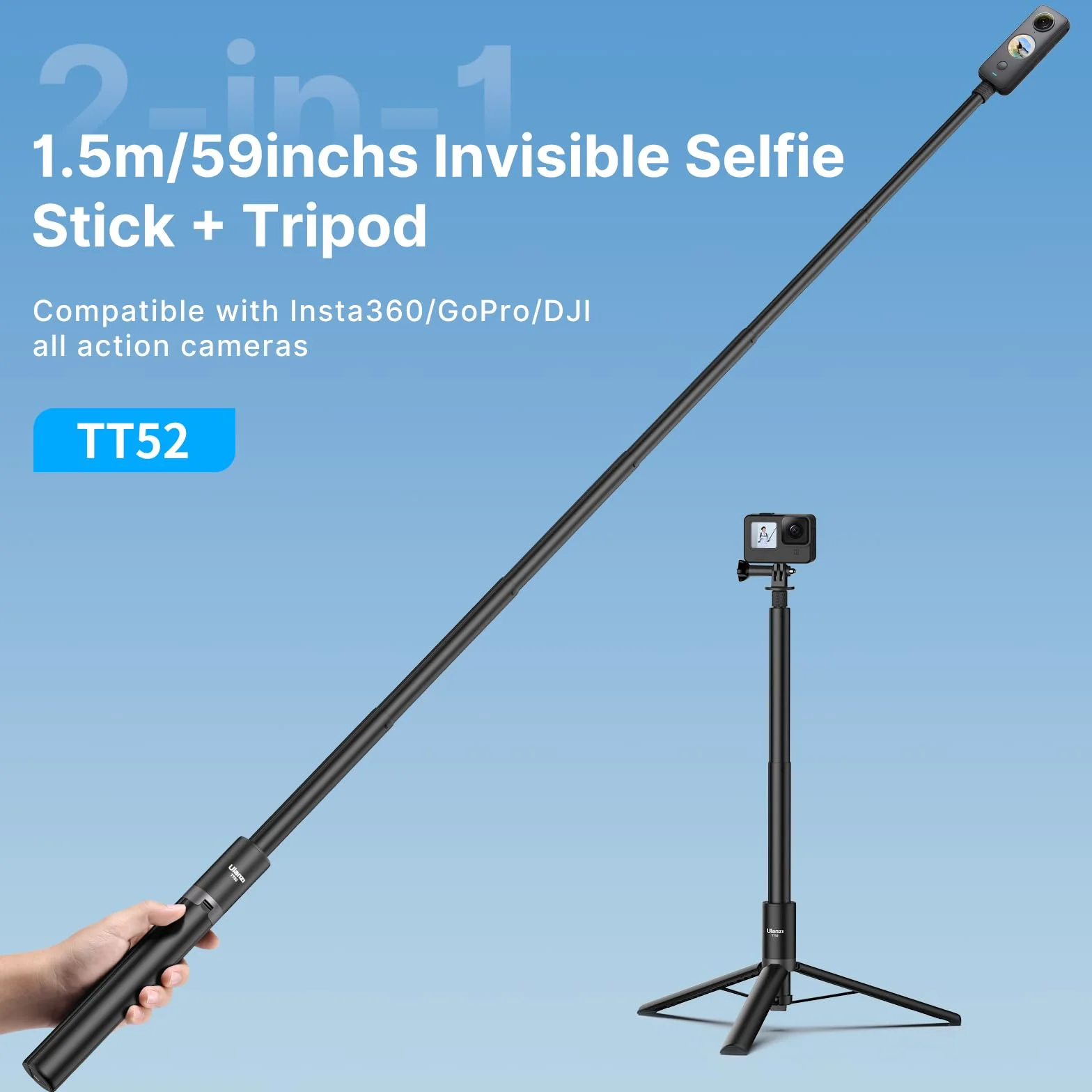 Statyw do selfie ULANZI 150 cm do Insta360 GO 3/X3/X4/X5, TT52 Monopod do kamery akcji Monopod kompatybilny z DJI Pocket 3 4