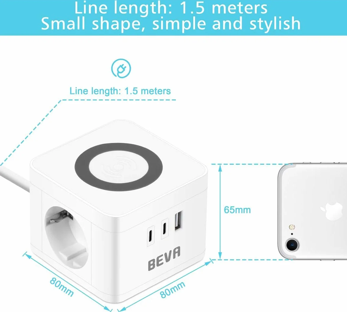 Socket Cube, BEVA Cube Kostka z 2 gniazdami +2 USB C+1 USB-A, z funkcją ładowania bezprzewodowego, ładowarka do telefonu komórkowego, w podróży, gospodarstwie domowym i biurze, biała