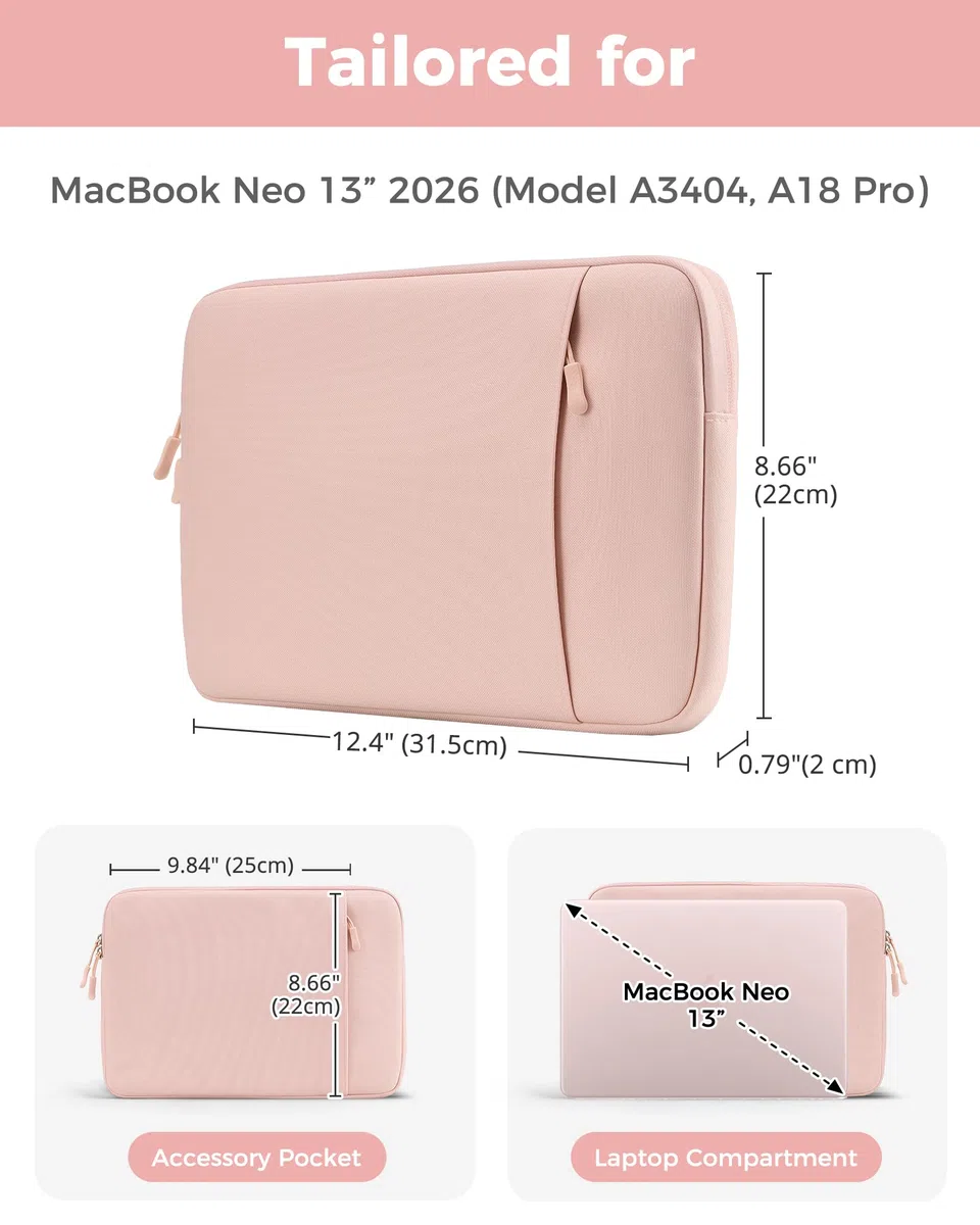 ProCase Pokrowiec na laptopa MacBook Neo 33.0 cm 2026 (model A3404, A18 Pro), etui ochronne z miękką podszewką, wąski rękaw podróżny z kieszenią na akcesoria, dopasowany do MacBooka Neo 33.0 cm