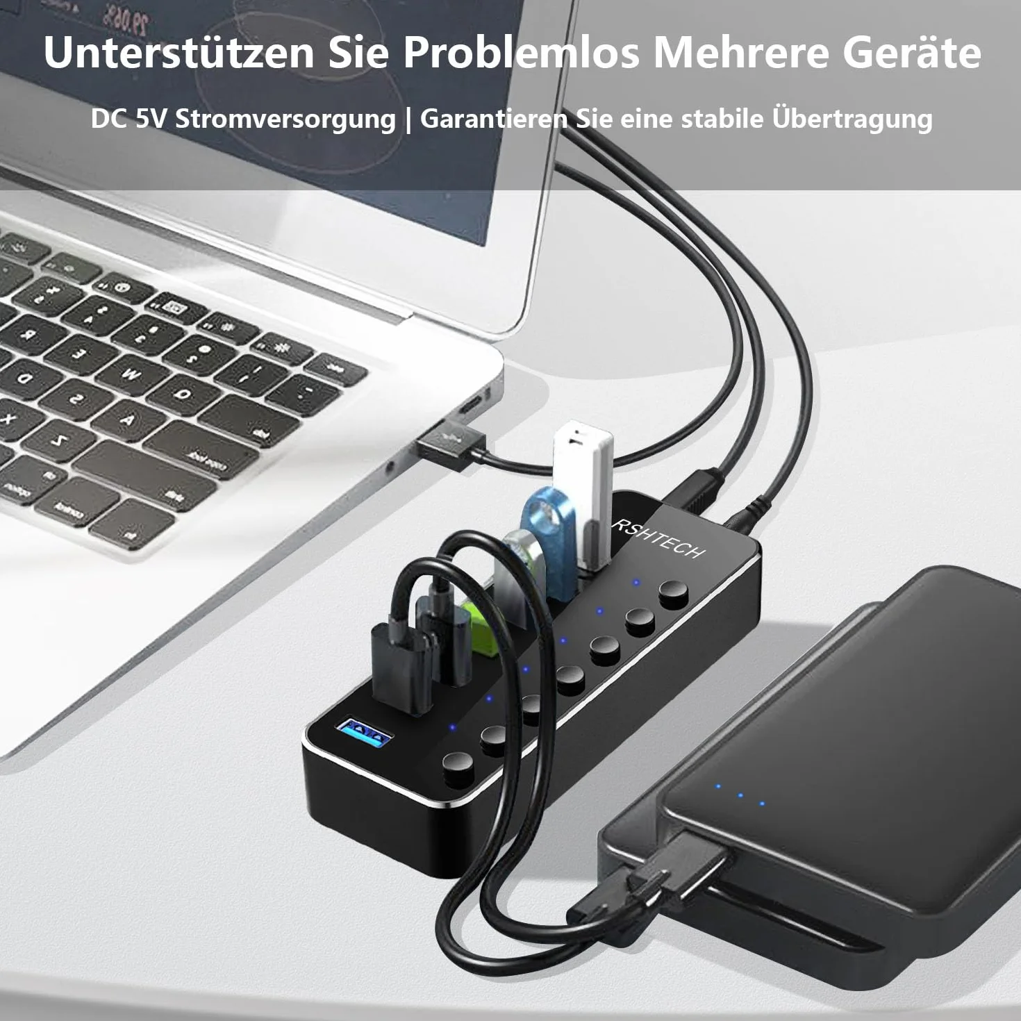 RSHTECH Hub USB 3.0 z 10W Zasilacz Aluminiowy 7 portów USB 3.0 Hub Expander do ładowania i przesyłania danych z adapterem 5V/2A i indywidualnymi włącznikami/wyłącznikami（RSH-518）