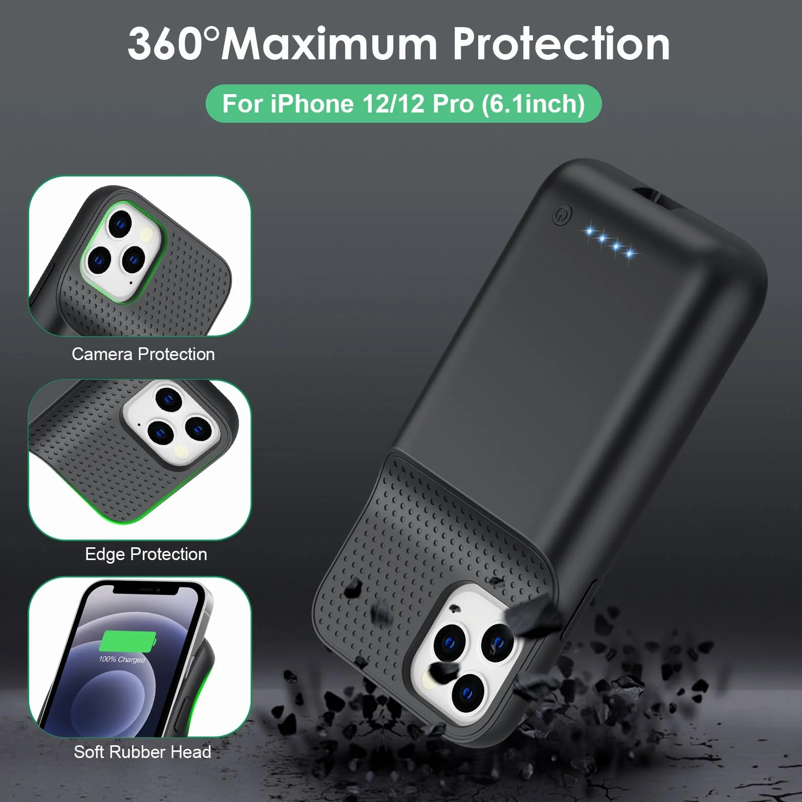 Etui na baterię do iPhone 12/12 Pro, 10800 mAh, czarne, kompatybilne z ładowaniem bezprzewodowym