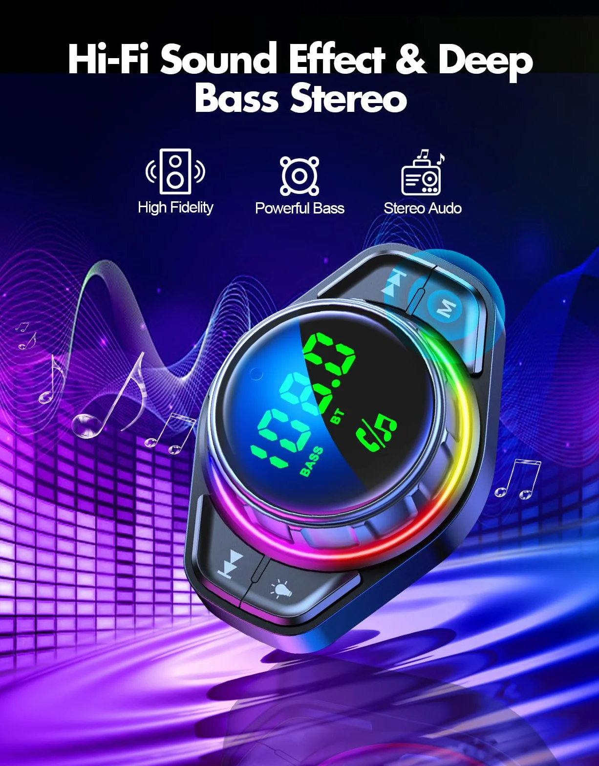 ISEYou Bluetooth Adapter do Samochodu FM 5.3 48W Podwójne USB Dźwięk HiFi Tryb Basowy Bezprzewodowe Połączenia RGB