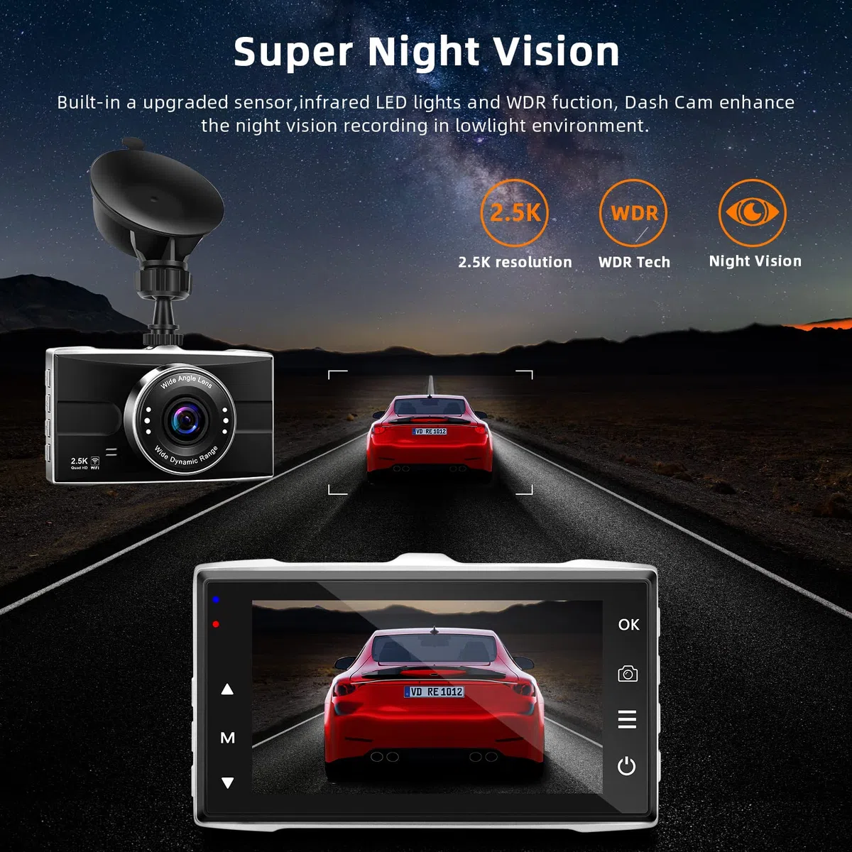 Kamera samochodowa 2.5K przednia i tylna 1440P+1080P FHD WiFi dual dashcam do samochodów z obsługą aplikacji z kartą SD 32GB, metalowa obudowa, super noktowizor, WDR, czujnik G, nagrywanie w pętli