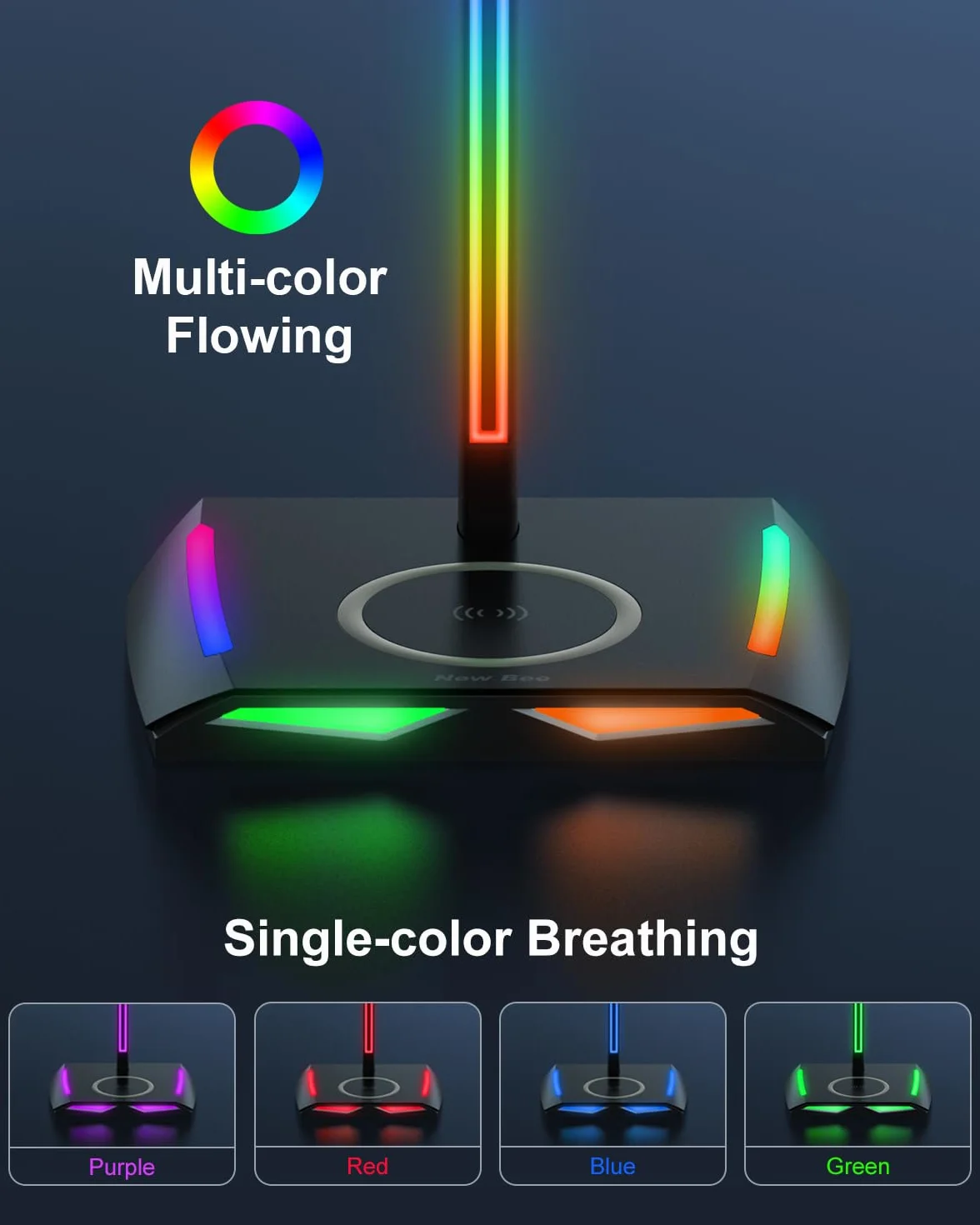 New Bee RGB stojak na słuchawki z ładowarką bezprzewodową, stojak na słuchawki gamingowe, uchwyt na słuchawki bezprzewodowe z funkcją ładowania bezprzewodowego z 1*USB 2*Typ-C 11 trybów efektów