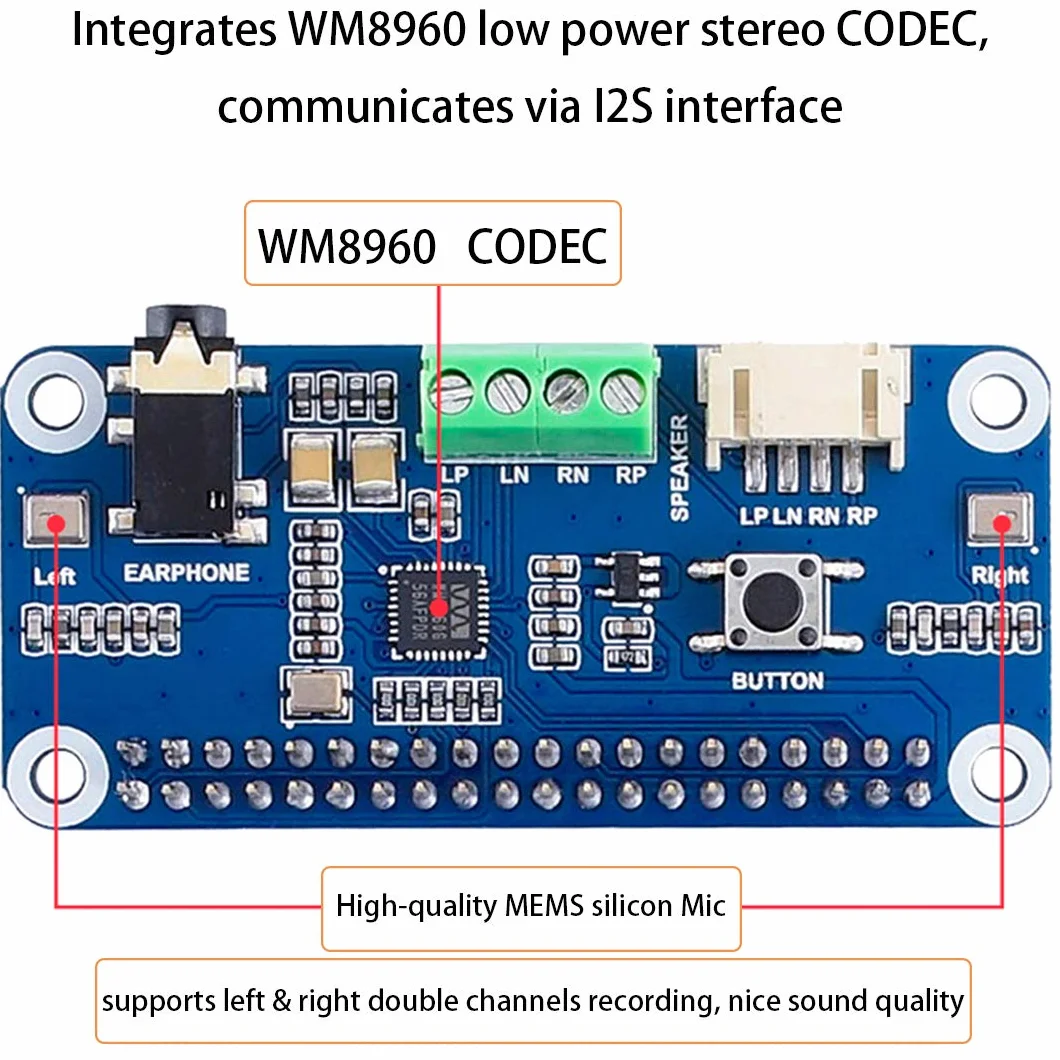 WM8960 czapka z kartą dźwiękową Hi-Fi do Raspberry Pi 5, 4B, 3B+, Zero 2W, Zero W, Zero WH