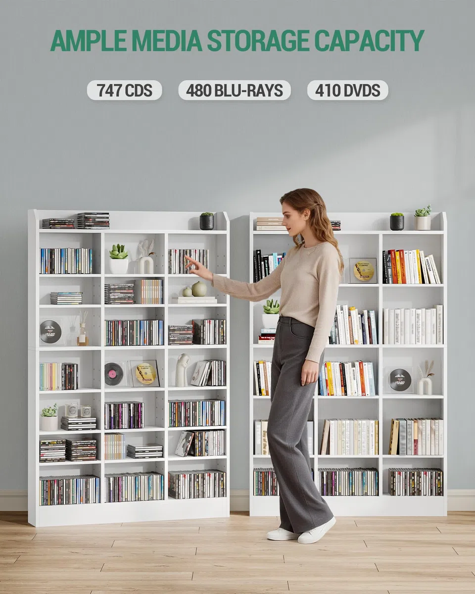 Hzuaneri Regał na płyty CD, 8 poziomów, 15 regulowanych półek, 17 x 100 x 154,5 cm, biały | CR18003X CR18003X otwarty regał na płyty CD, regał na płyty DVD, regał na manga, regał stojący, witryna, do salonu i gabinetu