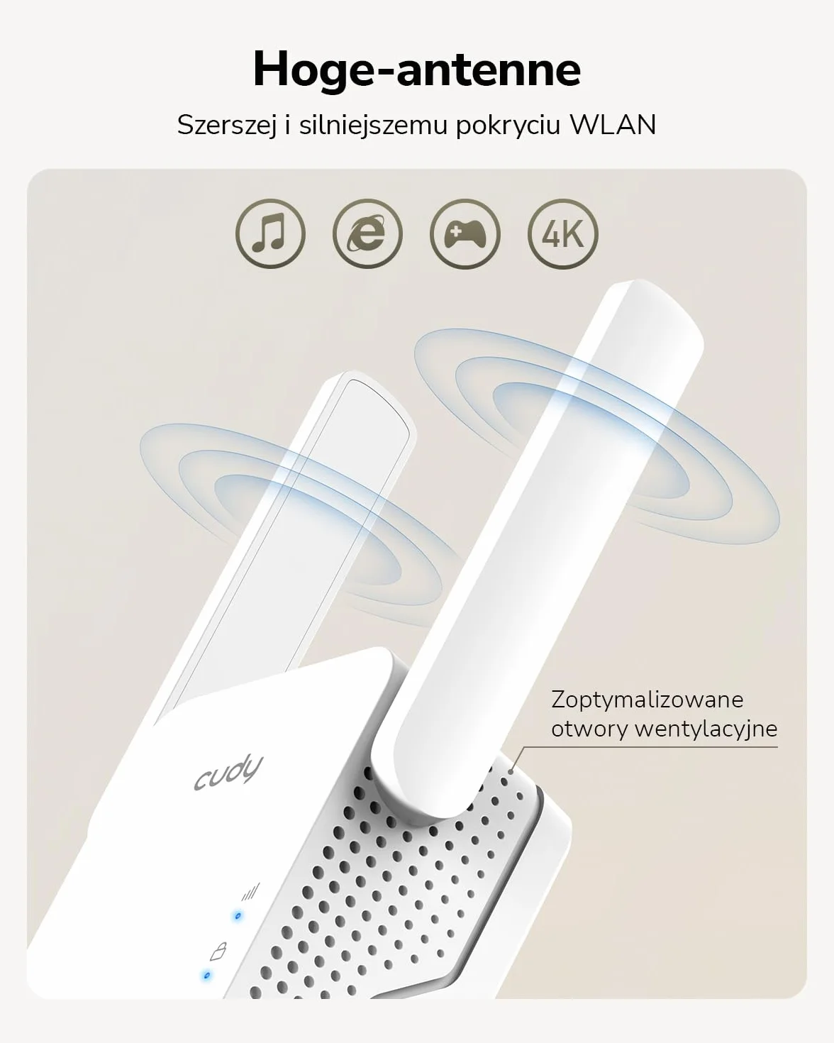 Cudy AC1200 Mesh - Wzmacniacz WiFi Mesh1200Mbps 5GHz/2,4GHz, Wzmacniacz WiFi Extender z wtyczką, wskaźnik sygnału, anteny wewnętrzne, biały RE1200