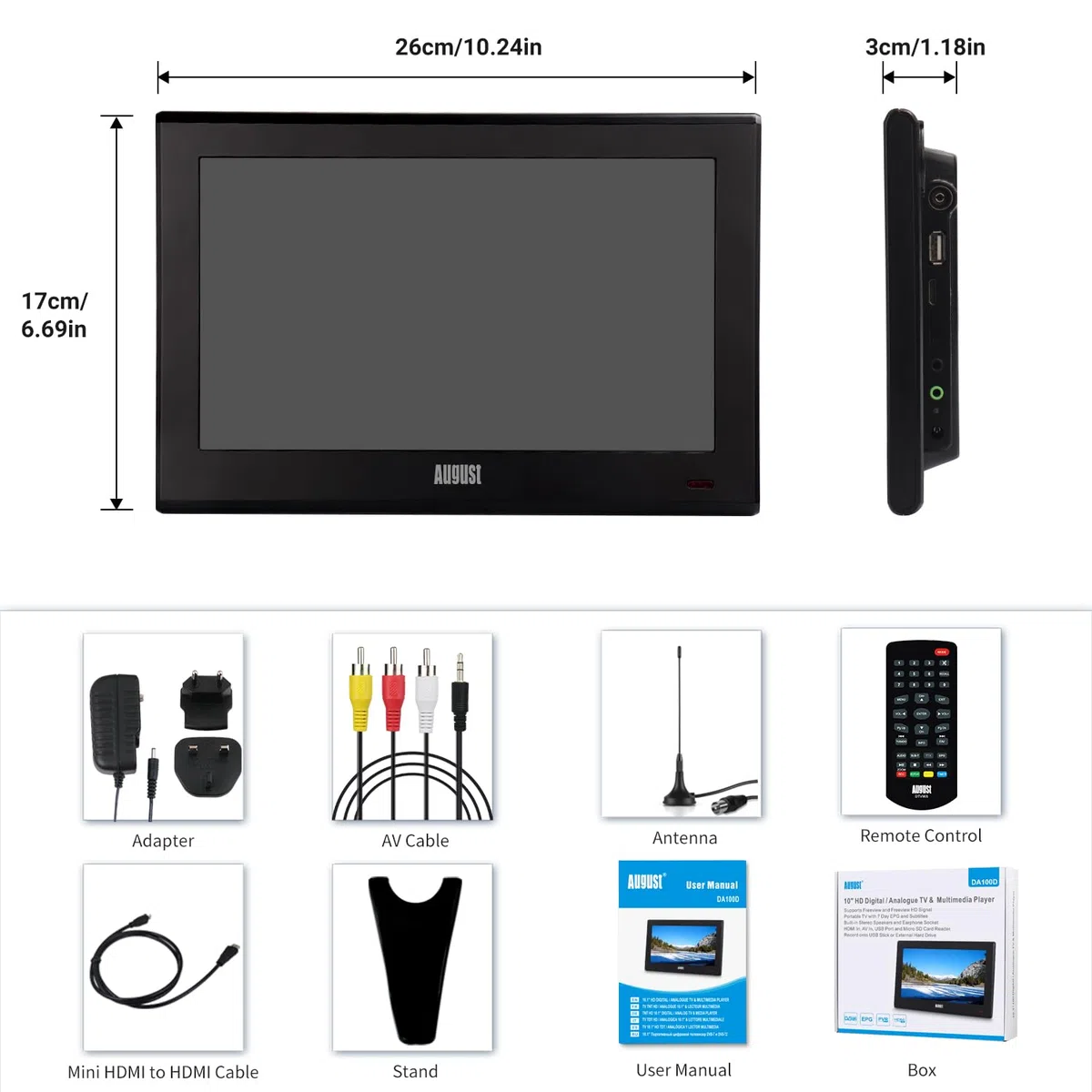 August DA100D Przenośny TV Freeview HD 10.1" z nagrywarką i odtwarzaczem | Nagrywarka PVR z Timeshift pauzą i przewijaniem, HDMI/AV, zasilanie sieciowe, AA lub 12V do TV w kamperze