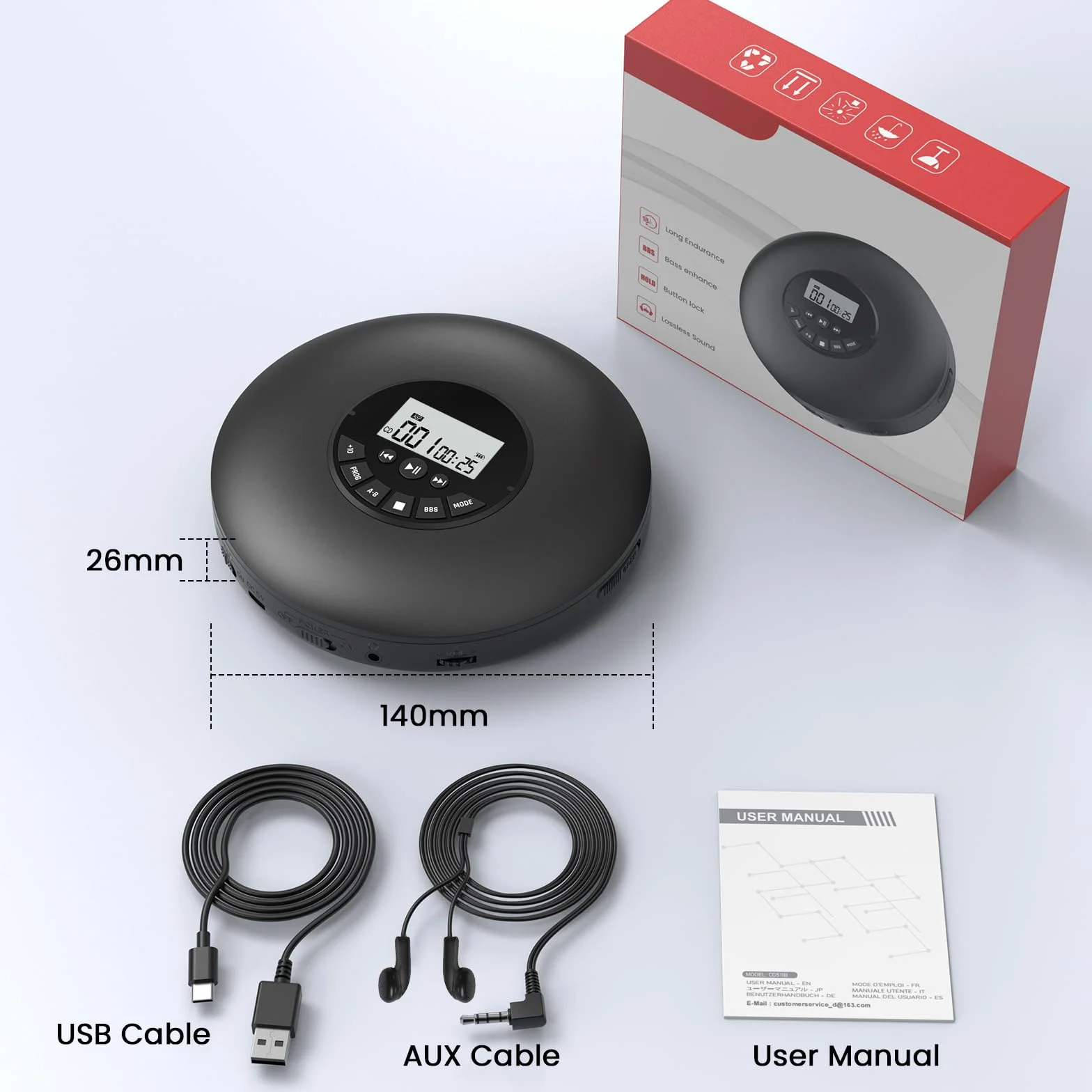 Arafuna Przenośny Odtwarzacz CD-Kompaktowy Discman Odtwarzacz CD-Osobisty odtwarzacz muzyczny z CD-R, CD-RW Odtwarzanie Anti-Skip Protection, Programowalne utwory do słuchawek
