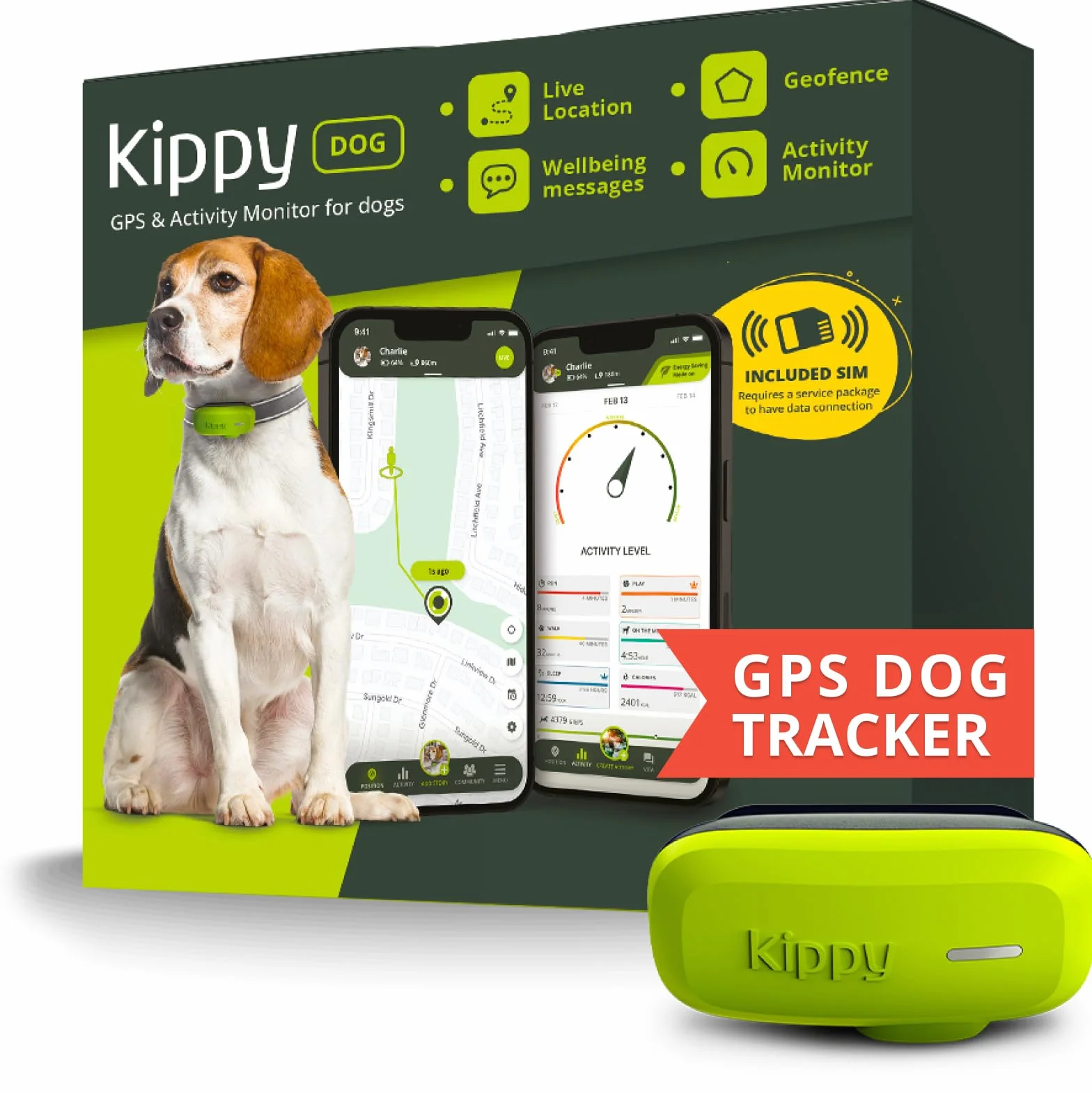 Kippy GPS per Cani Localizzatore Impermeabile con Recinto Virtuale e Notifiche Verde