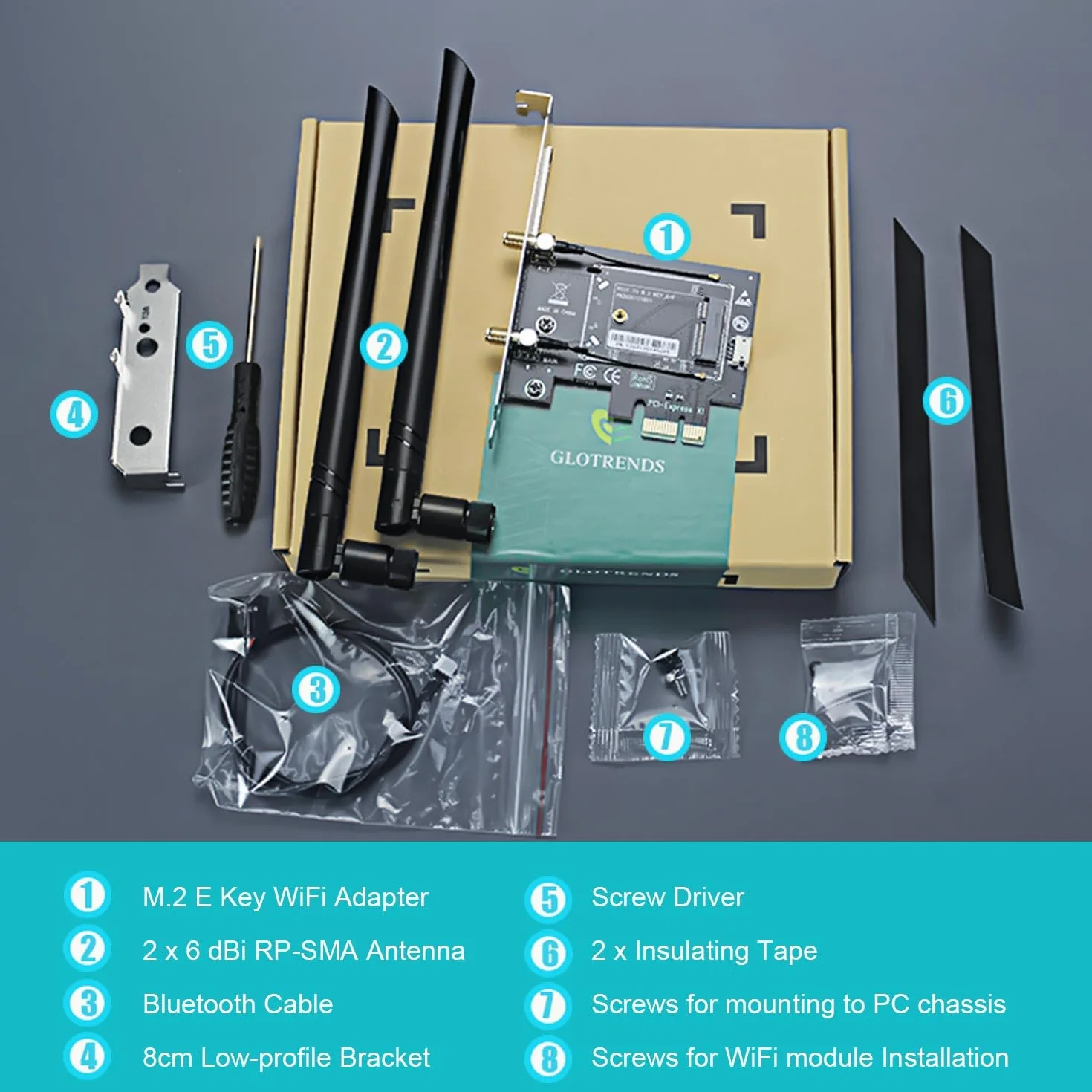 GLOTRENDS WA01 Adapter M.2 E Key na PCIe X1 WiFi Bluetooth dla modułu M.2 WiFi 4/5/6/6e/7/Coral TPU, z zestawem anten 6-dBi SMA