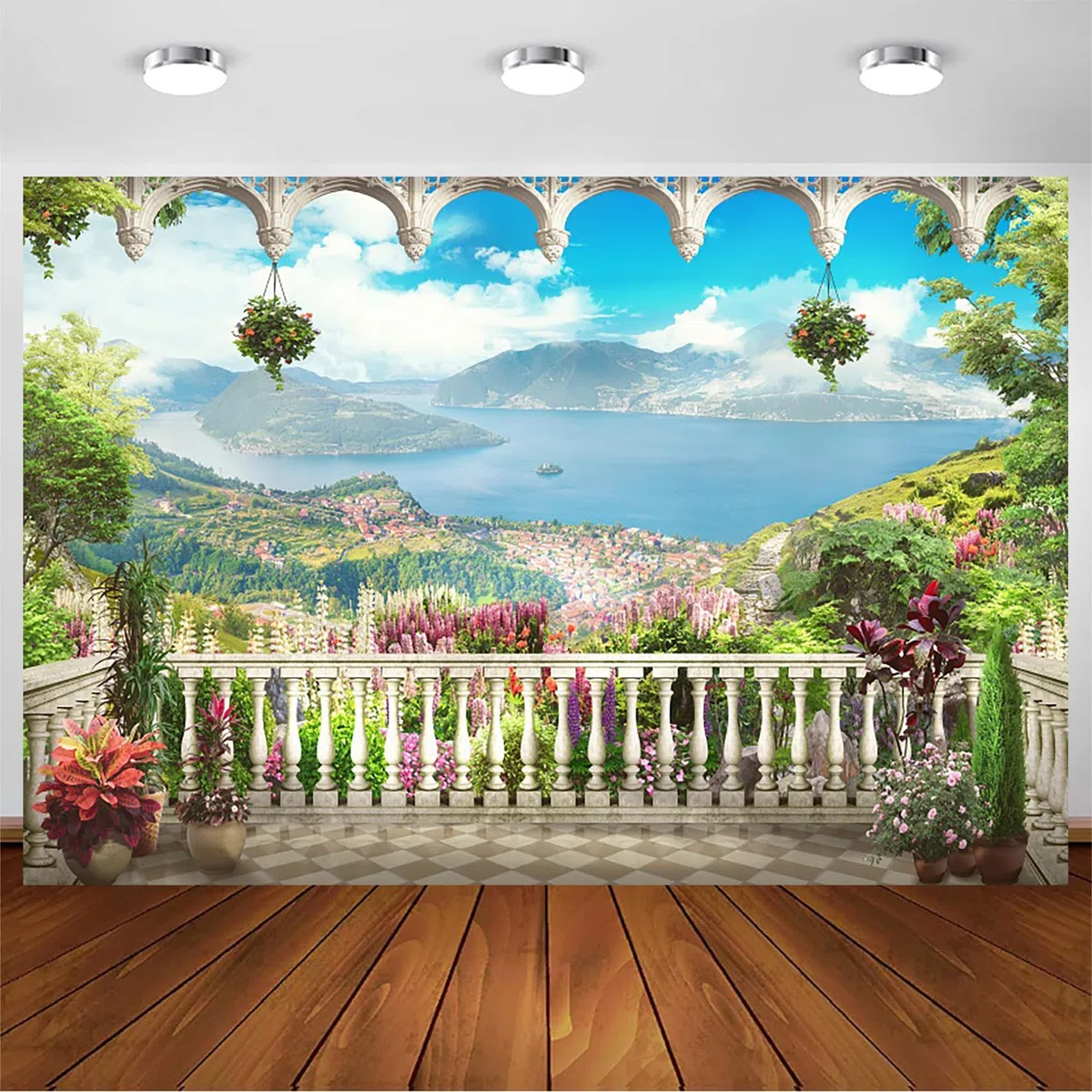 Tło balkonowe 4 x 3 m winyl romantyczny pałac balkon ogród natura krajobraz fotografia tło góry morze niebieskie niebo europejski styl pawilon tło do portretu sesji zdjęciowej studio