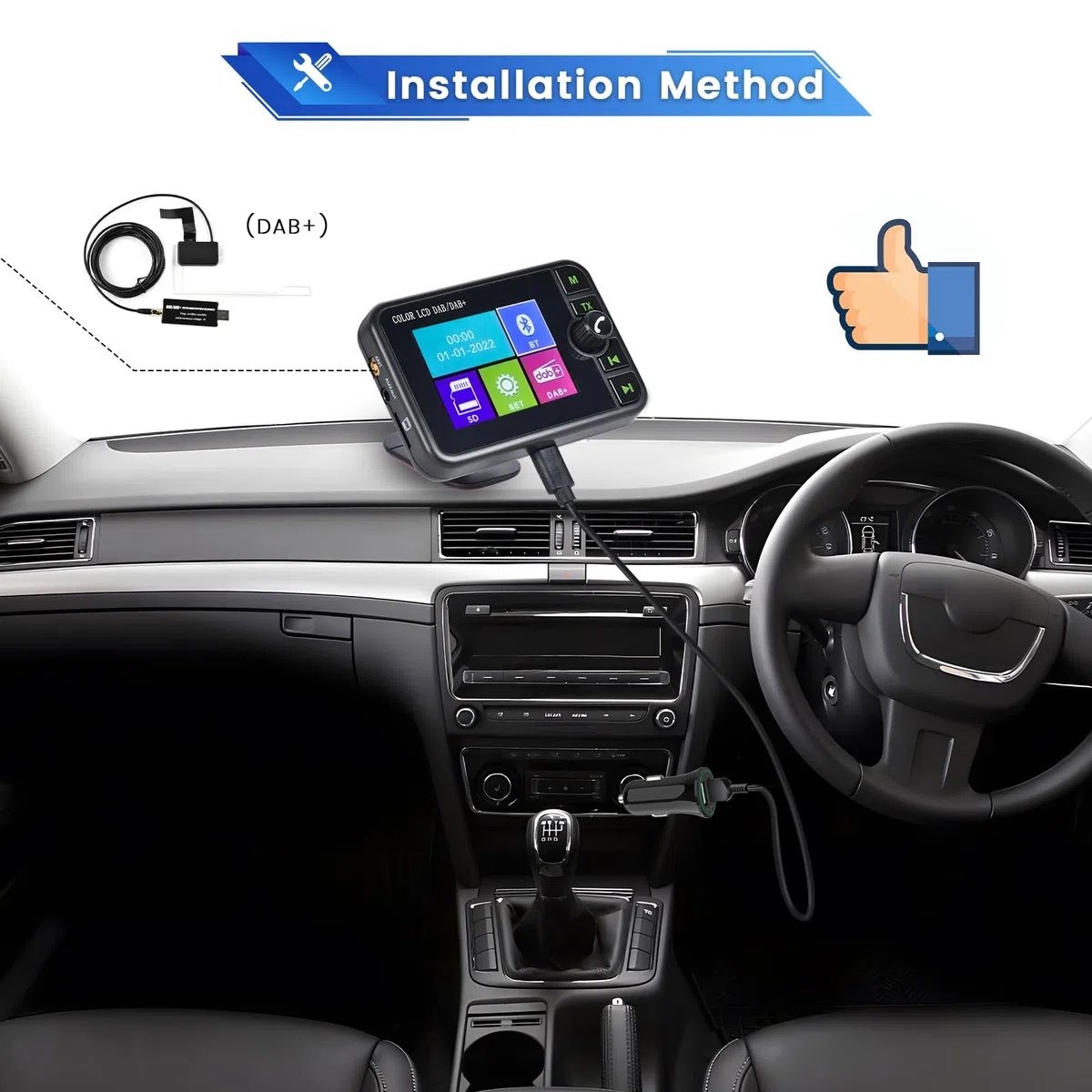 Głośnomówiący Bluetooth Dab+cyfrowy adapter radiowy, wyświetlacz LCD 2,4 cala, nadajnik FM, muzyka BT, interfejs AUX