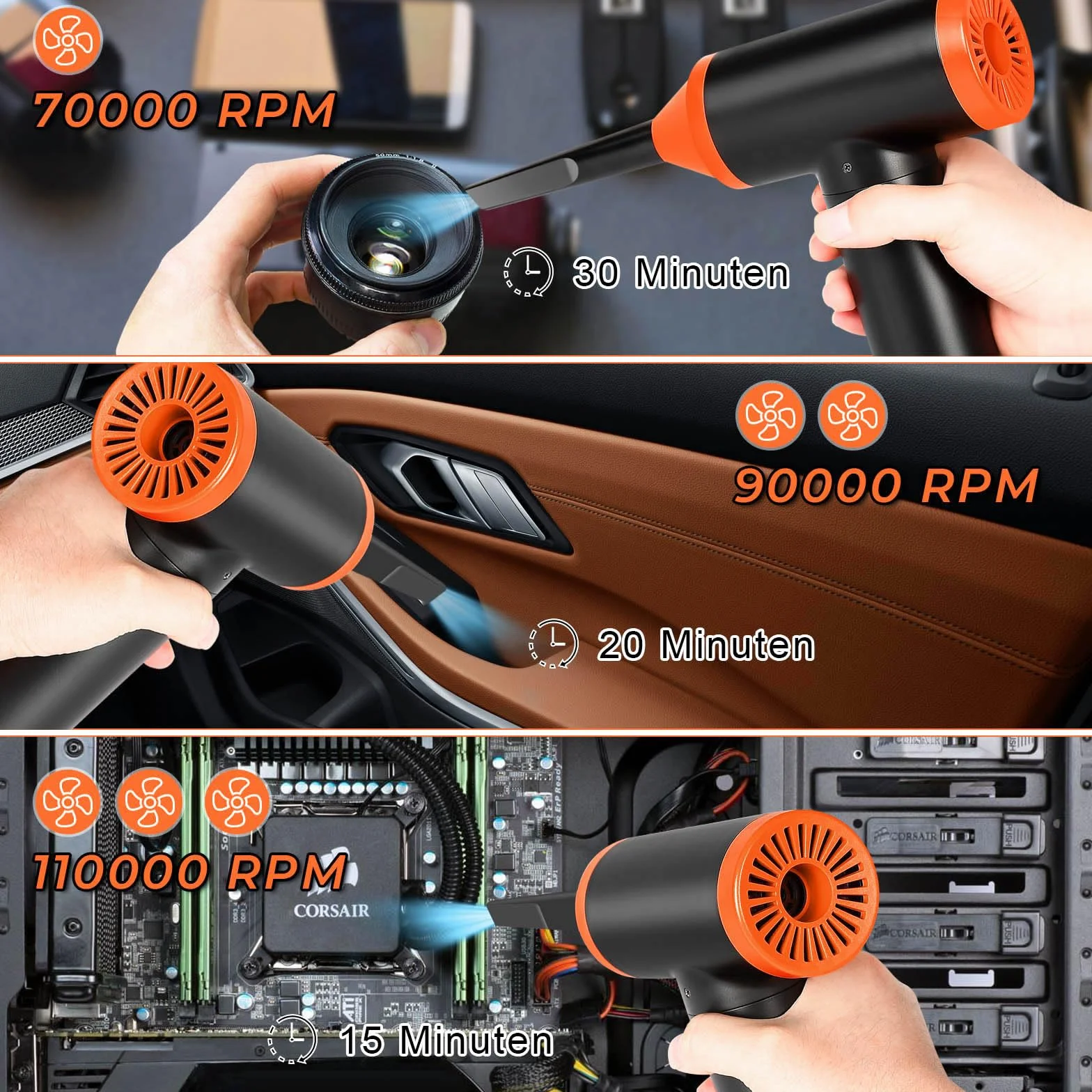 Elektryczna dmuchawa do kurzu 3 w 1, 110 000 obr./min, 13000 Pa, 3 biegi, Air Duster