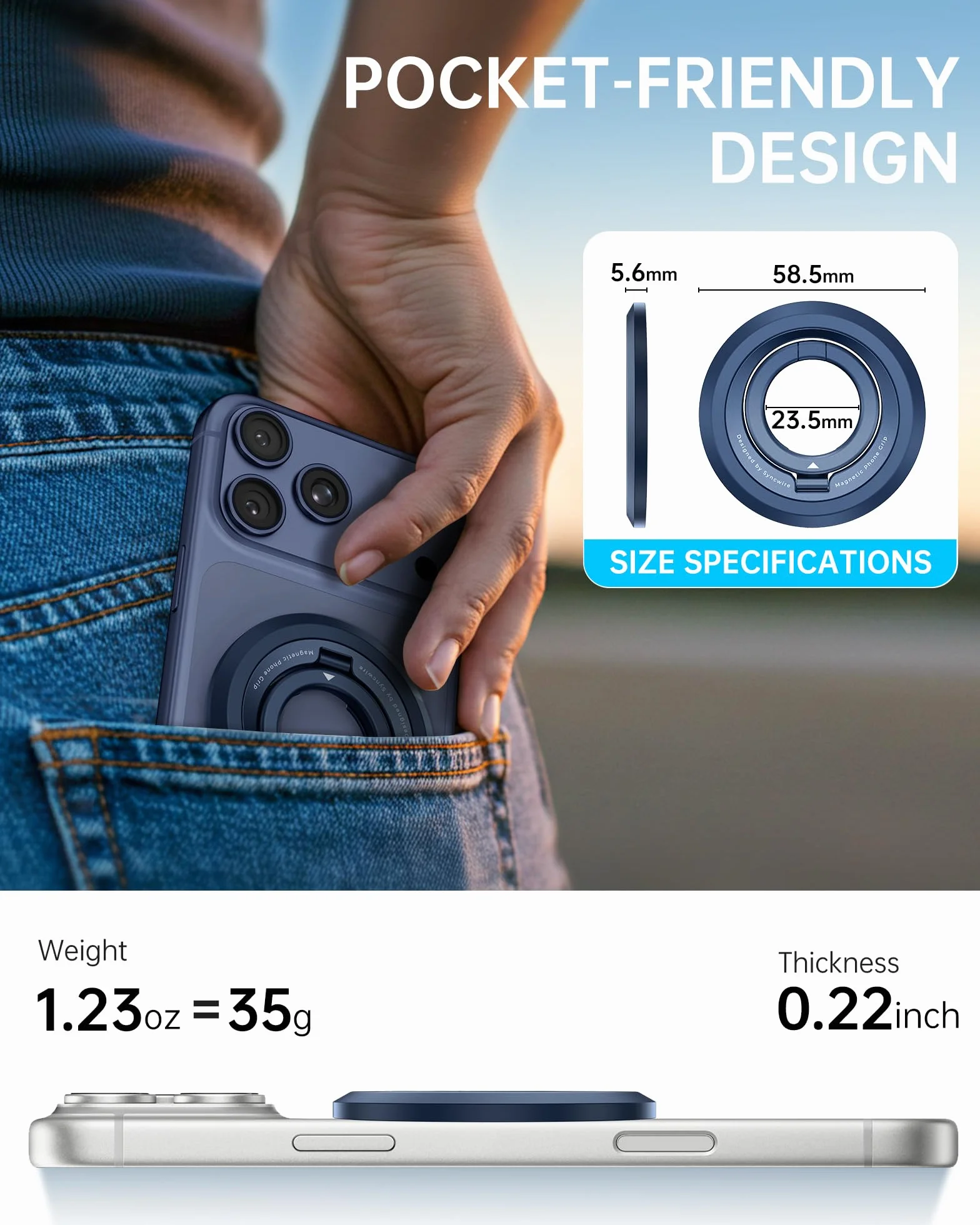 SYNCWIRE Magnetyczny uchwyt na telefon komórkowy do MagSafe obrót 360° kompatybilny z iPhone 16 15 14 13 12 Pro Max tytanowy niebieski