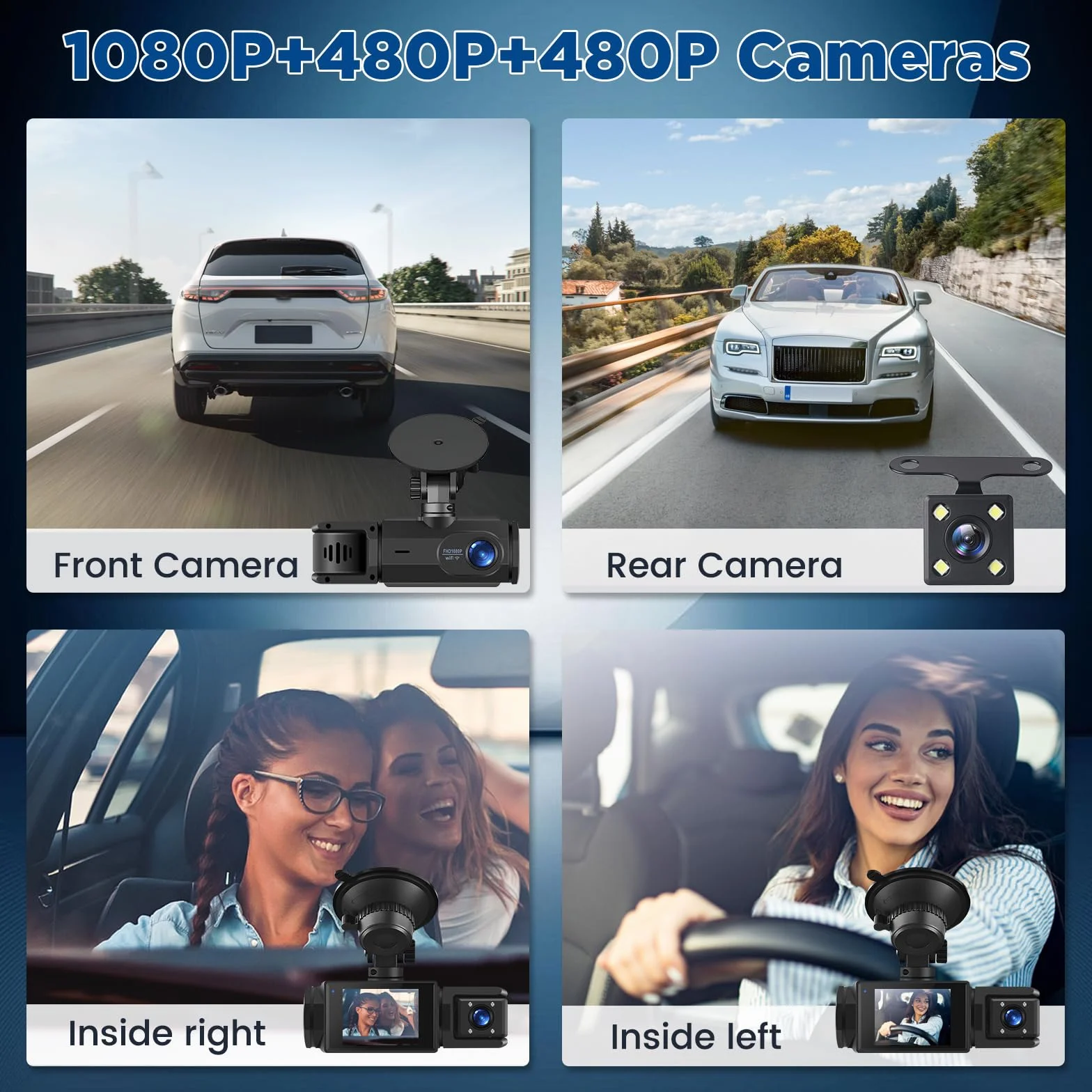 Bezprzewodowa kamera samochodowa Dash Cam WiFi – 3 kanały wewnętrzne z tyłu, Full HD 1080P, 2" IPS, noktowizor, wykrywanie ruchu, pętla, karta 64 GB w zestawie, obiektyw obrotowy